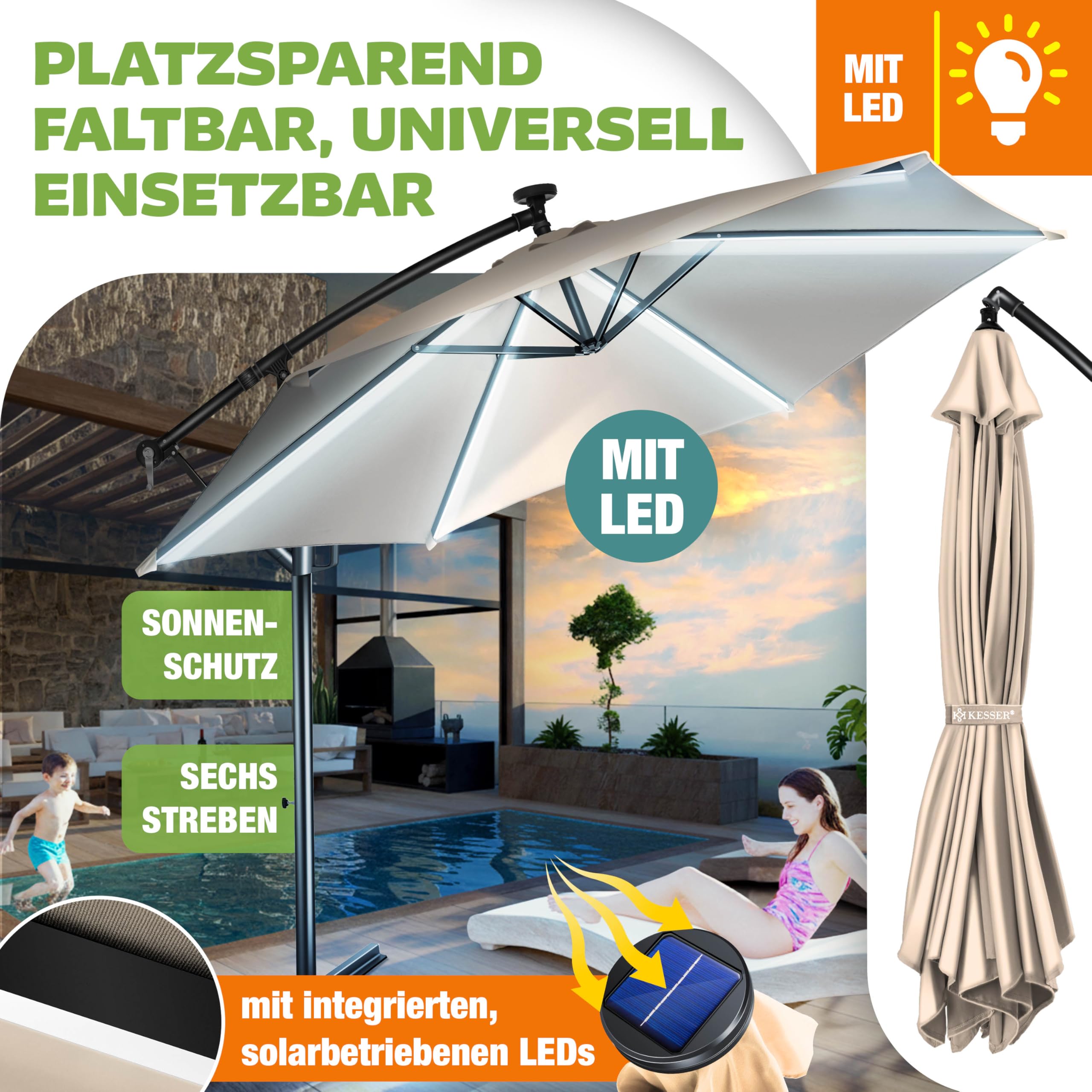 KESSER® Sombrilla LED Solar Aluminio 350cm Incluido Funda Control Remoto & Manivela | Parasol con Soporte Función 360° Protección UV Repelente Agua para Jardín Terraza Mercado Beige
