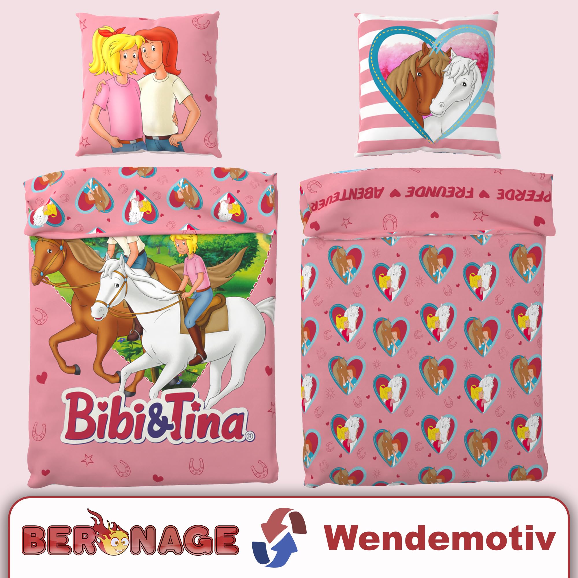 BERONAGE Bibi und Tina Kinder Wende-Bettwäsche Herz 135 x 200 cm + 80 x 80 cm - 100% Baumwolle Linon Renforcé Bibi Blocksberg Martin Pferde-Bettwäsche Sabrina Amadeus Deutsche Größe Reißverschluss