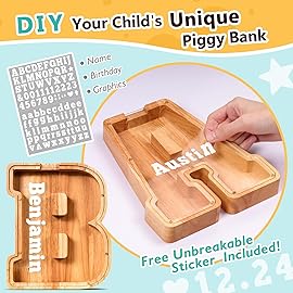 SummiDate Wooden Letter Piggy Bank for Kids| Piggy Bank for Boys Girls Toddler| Alphabet A Money Bank| Personalized Initial Wood Coin Bank Gifts for Birthday, Christmas, Festival, Baby Shower (B)