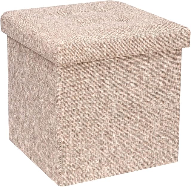 Bonlife Small Foldable Ottoman with Storge,Footstool,Collapsible Linen Chest Cube Toy Box with Lid,32cm Foot Rests for Living Room,Apricot