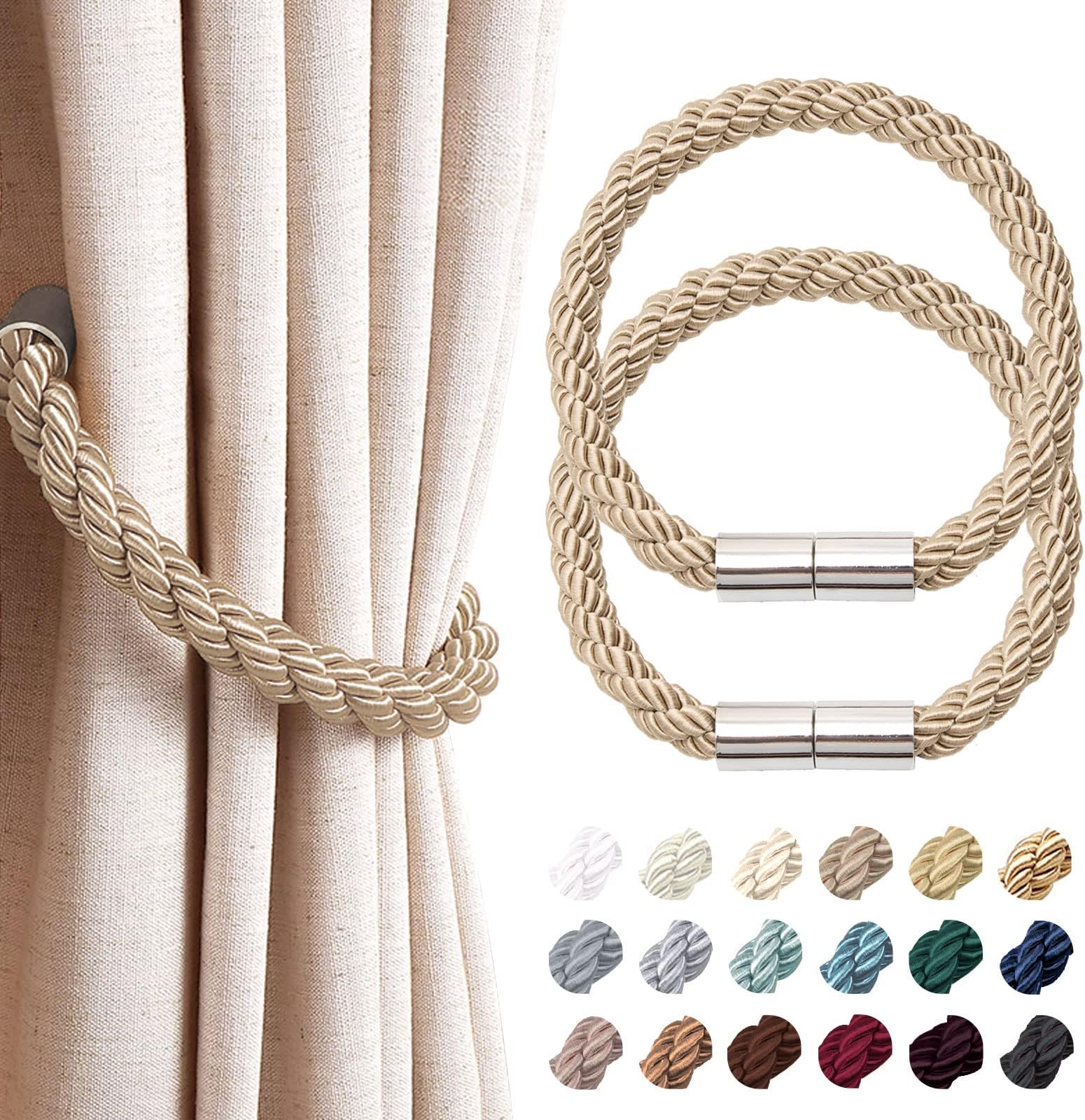 NICEEC 2 Pack Magnetic Curtain Tiebacks Modern Simple Style Drape Tie Backs Convenient Decorative Weave Rope Curtain Holdbacks for Thin or Thick Home & Office Window Draperies (Khaki)