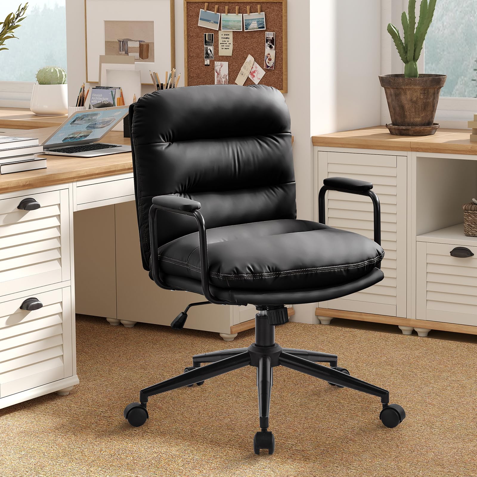Fauteuil de Bureau Réglable en Hauteur Cuir PU avec Roulettes, Chaise Coiffeuse Bascule Pivotante Noir