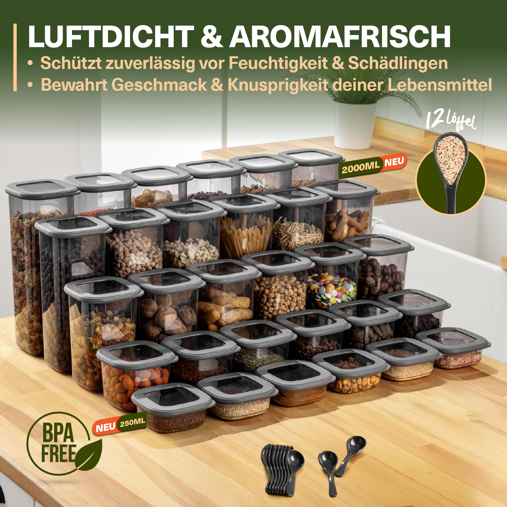 Viwares Contenitori con coperchio, ermetici, set da 42 contenitori senza BPA, per la conservazione della farina di cereali, cucina, pratico organizer da cucina, contenitori per alimenti