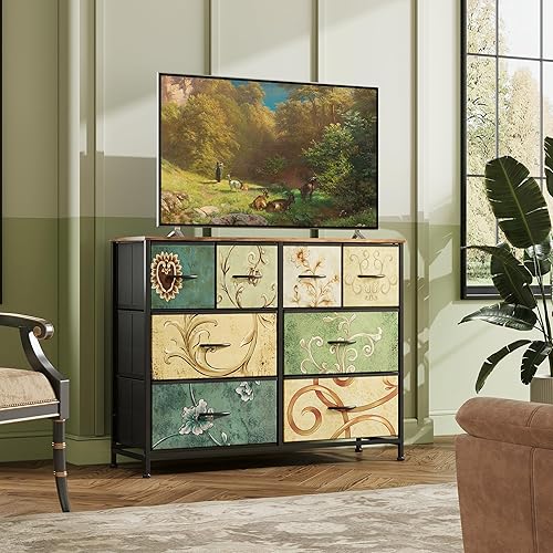 Miniatura 10 de WLIVE Cómoda de tela, cajón de almacenamiento, soporte de TV para TV de 32, 40, 43 pulgadas, cómoda ancha con 8 cajones grandes y profundos para