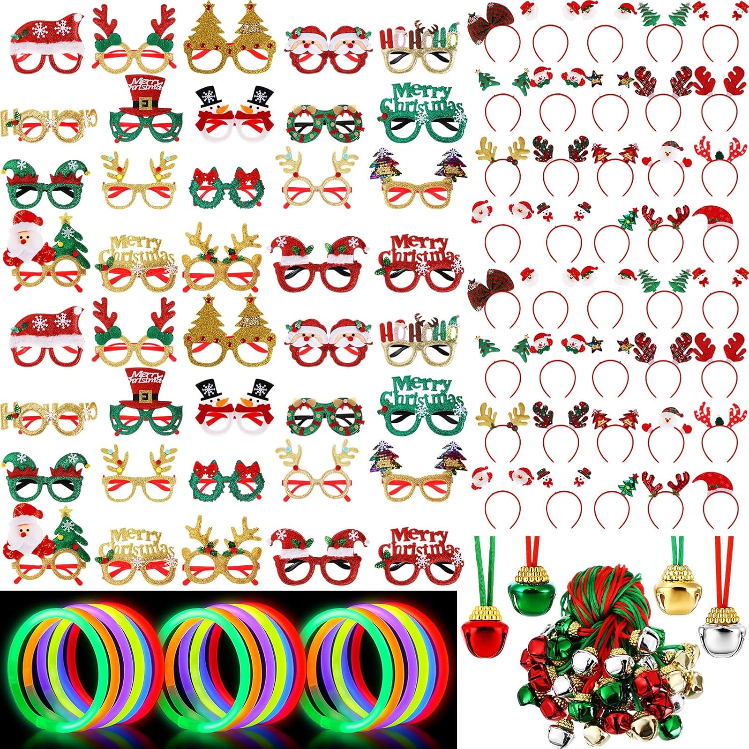 Hiboom 170 Pcs Christmas Party Favors Bulk, Xmas Gift Decorations Accessories, Glasses, Elk Headbands, Jingle Bell Necklaces, Glow Bracelets, Holiday Booth Props Supplies Stocking Stuffers