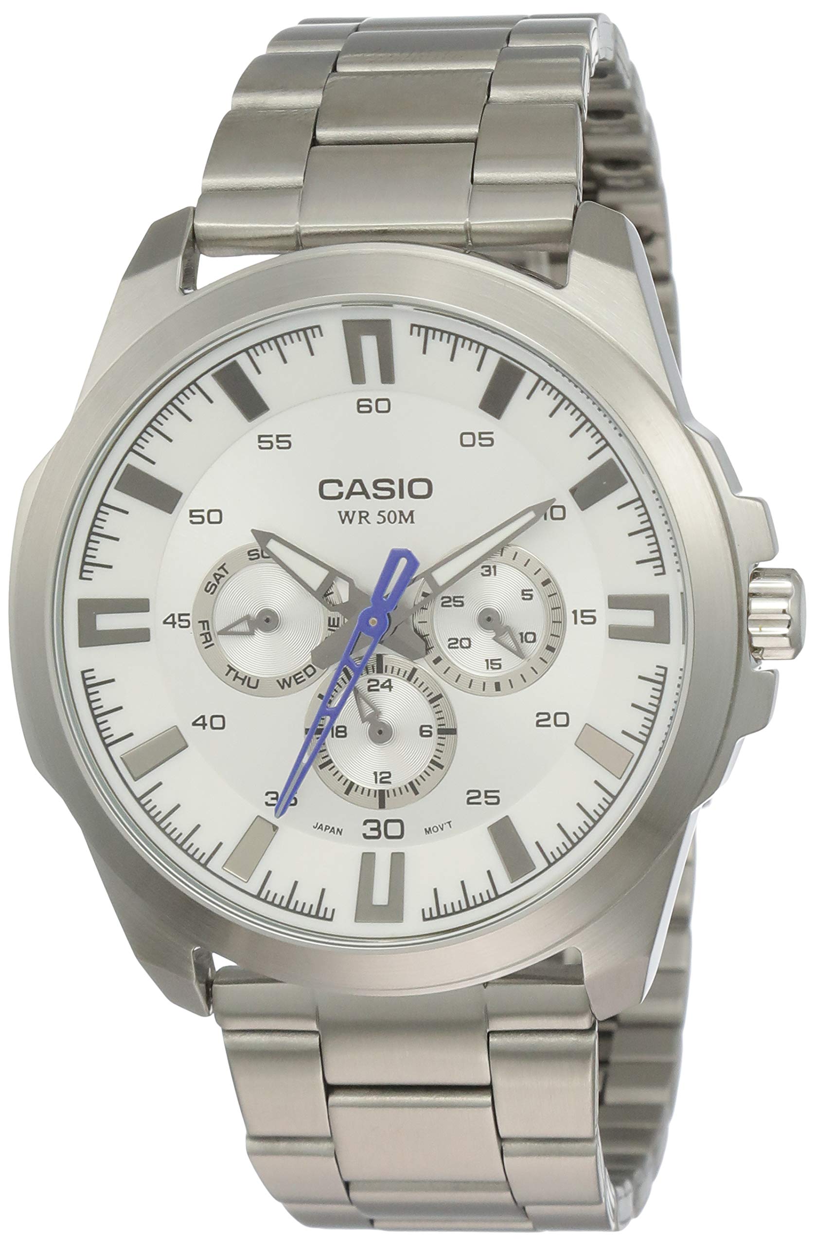 Casio MTP-SW310D-7AVDF - Orologio multifunzione da uomo, in acciaio inox, quadrante bianco, impermeabile fino a 50 m, colore: argento