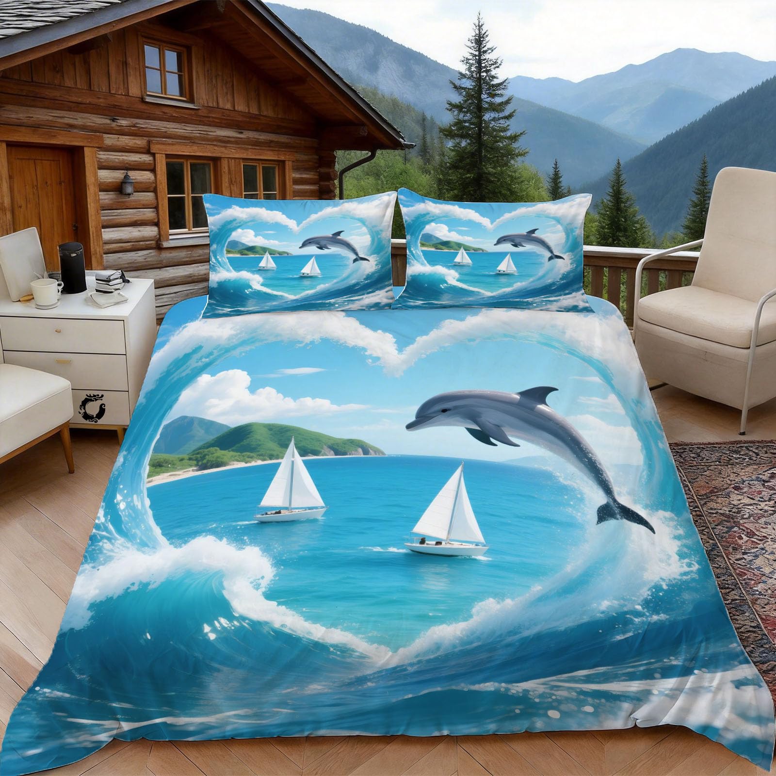 Housse de couette 140x200 vague cœur parure de lit la vie marine microfibre