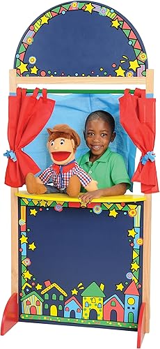Miniatura 8 de Constructive Playthings Teatro de marionetas de madera dura de tamaño infantil, incluye pizarra, cortina y telón de fondo, constructivo duradero,