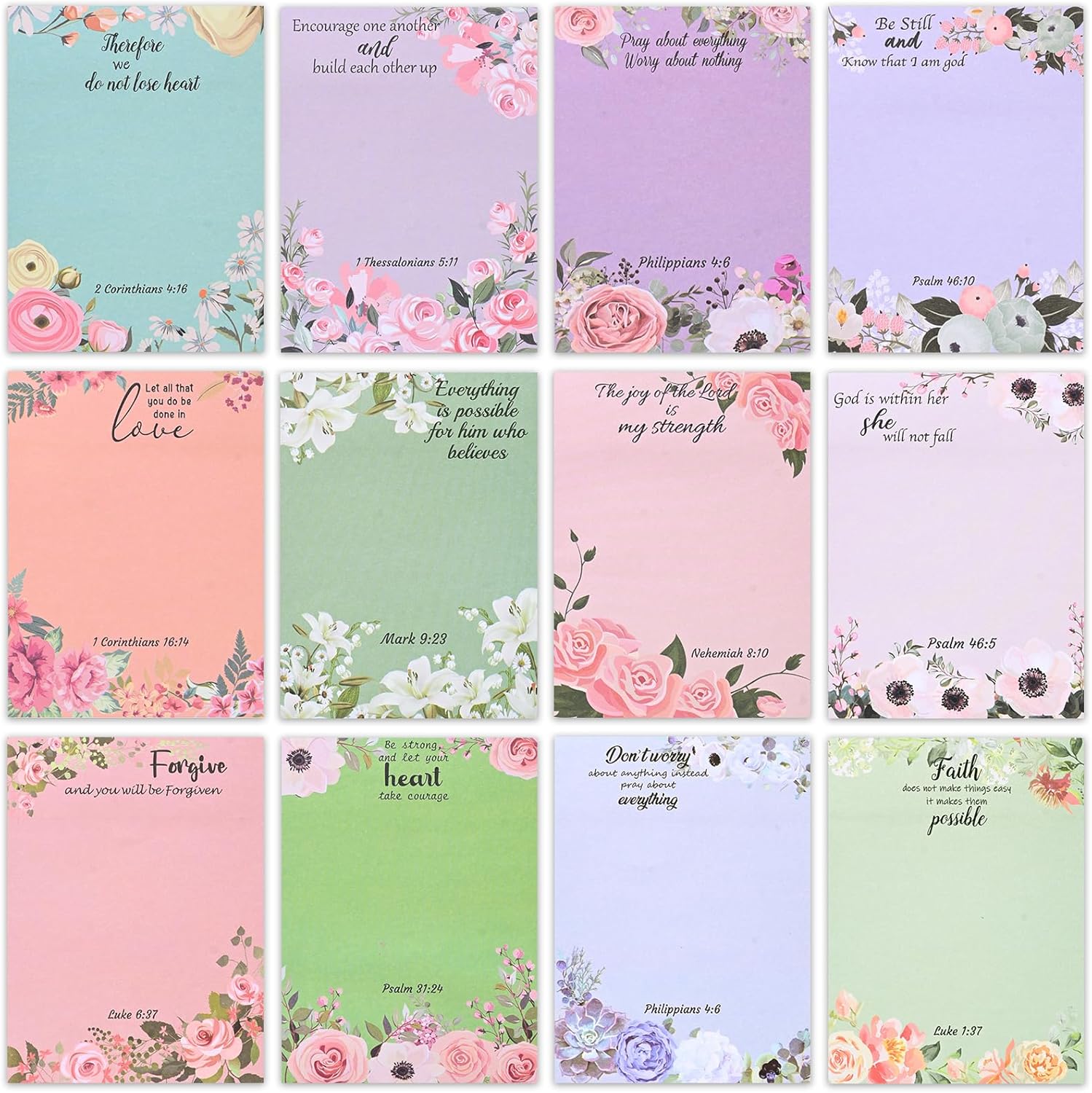 12 Pack Bible Sticky Notes - 360 Sheets Inspirational Memo Pads 4x3 Inch Floral Design Self-Stick Note Pads Bible Verse Quotes Notepads Gifts for Writing Notes Back to School Gifts Office Supplies