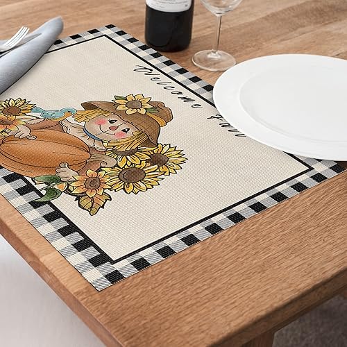 Miniatura 2 de Juego de 6 manteles individuales de espantapájaros de girasol, manteles individuales de PVC lavables, manteles individuales de vinilo tejido a