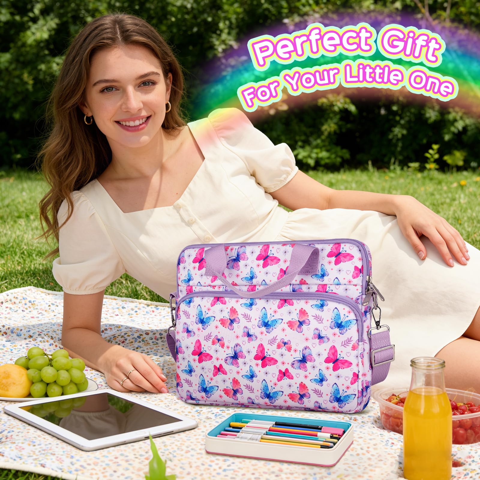 TiMOVO Housse pour Tablette avec Bandoulière, Pochette pour Tablet 12,5 Pouces, Sacoche Housse pour Tablette Universelle pour Fire Tablet, Kindle, iPad, Papillon