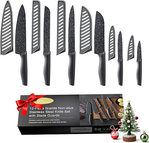 Marco Almond KYA39 - Juego de cuchillos de cocina de 12 piezas, 6 cuchillos con 6 protectores de cuchillas, juego de cuchillos de acero inoxidable