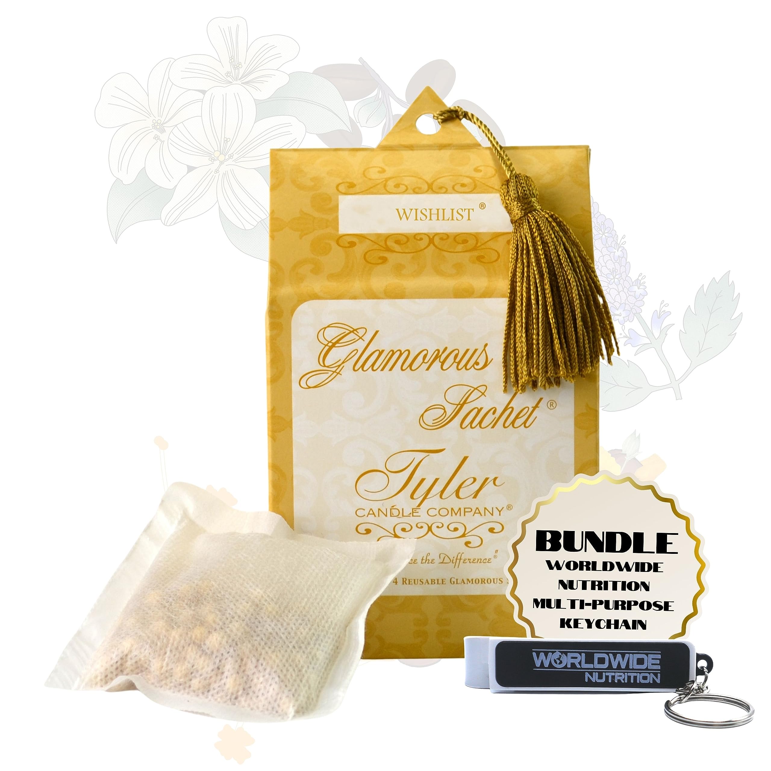 Worldwide Nutrition Bundle: Tyler Wishlist Dryer Sheet Sachets - Glamorous Reusable Dryer Sheets - Sachets for Drawers and Closet Refresher - 1 Pack, 4 Sachets and Multi-Purpose Key Chain