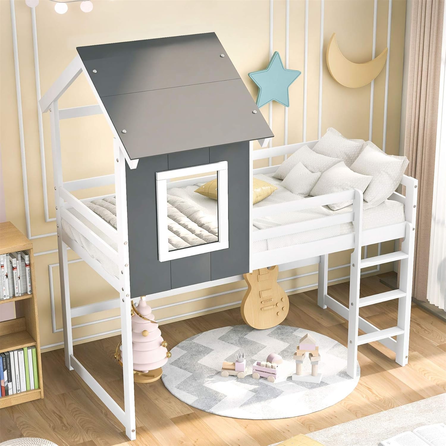 Blасk Frіdау - 70% оƒƒ Twin Loft Bed with Roof, House Bed, Wooden Loft Bed Twin for Kids/Teens/Girls/Boys, Full-Length Safety Rails, Gray and White (New) Nеw Dеаl Twin Loft Bed with Roof, House Bed, Wooden Loft Bed Twin for Kids/Teens/Girls/Boys, Full-Length Safety Rails, Gray and White (New)