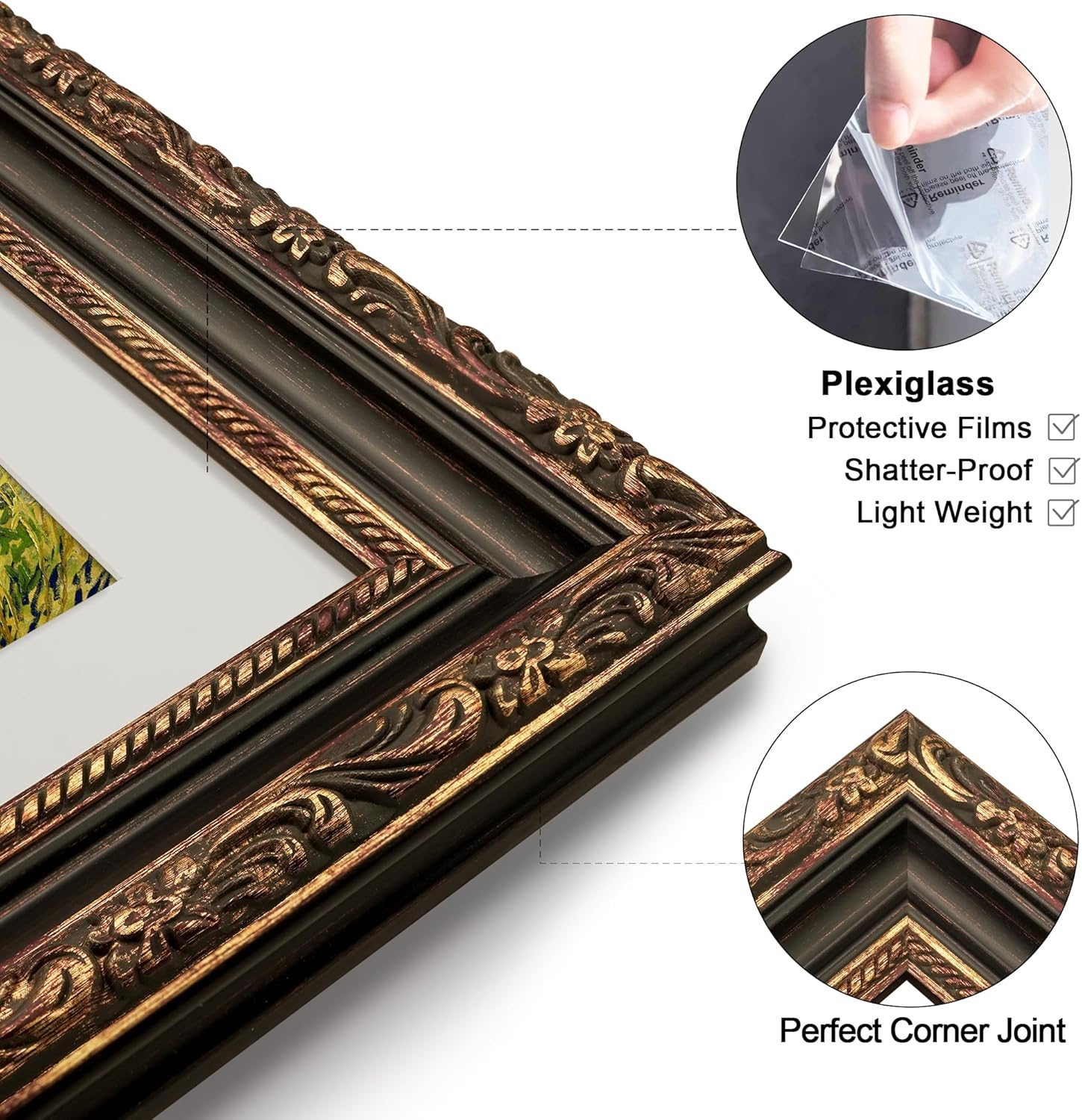 12x16 Picture Frame, Ornate Embossing Frame with Paper Mat and Plexiglass, Fit for 12x16 without Mat or 8x12 with Mat, Wall Mounting Display for Art Prints, Bronze and Antique Gold, 1 Pack