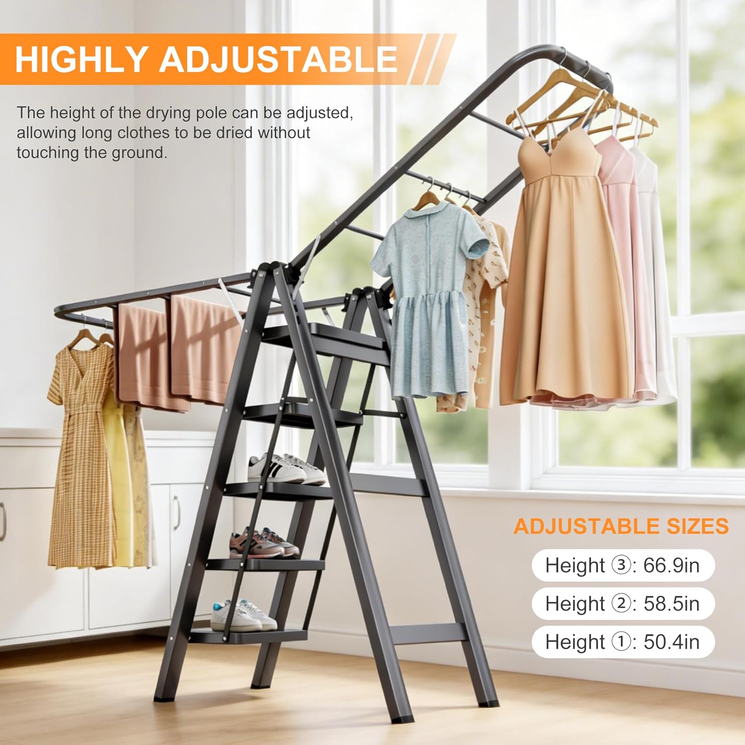Standing Clothes Drying Rack, 5 Step Folding Ladder, 3-in-1 Collapsible Laundry Hanger Rack with Shoe Rack, Adjustable Angle for Living Room Bedroom Bathroom Home Decor