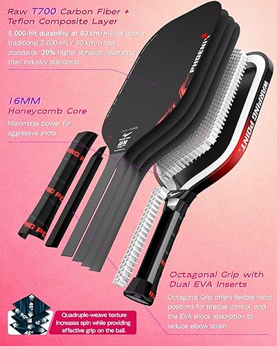 Miniatura 5 de Warping Point Tina Pisnik Phoenix Pickleball Paddle, aprobada por la UPA-A, fibra de carbono T700 cruda, sistema PowerDrive de 0.63 pulgadas y 0.51
