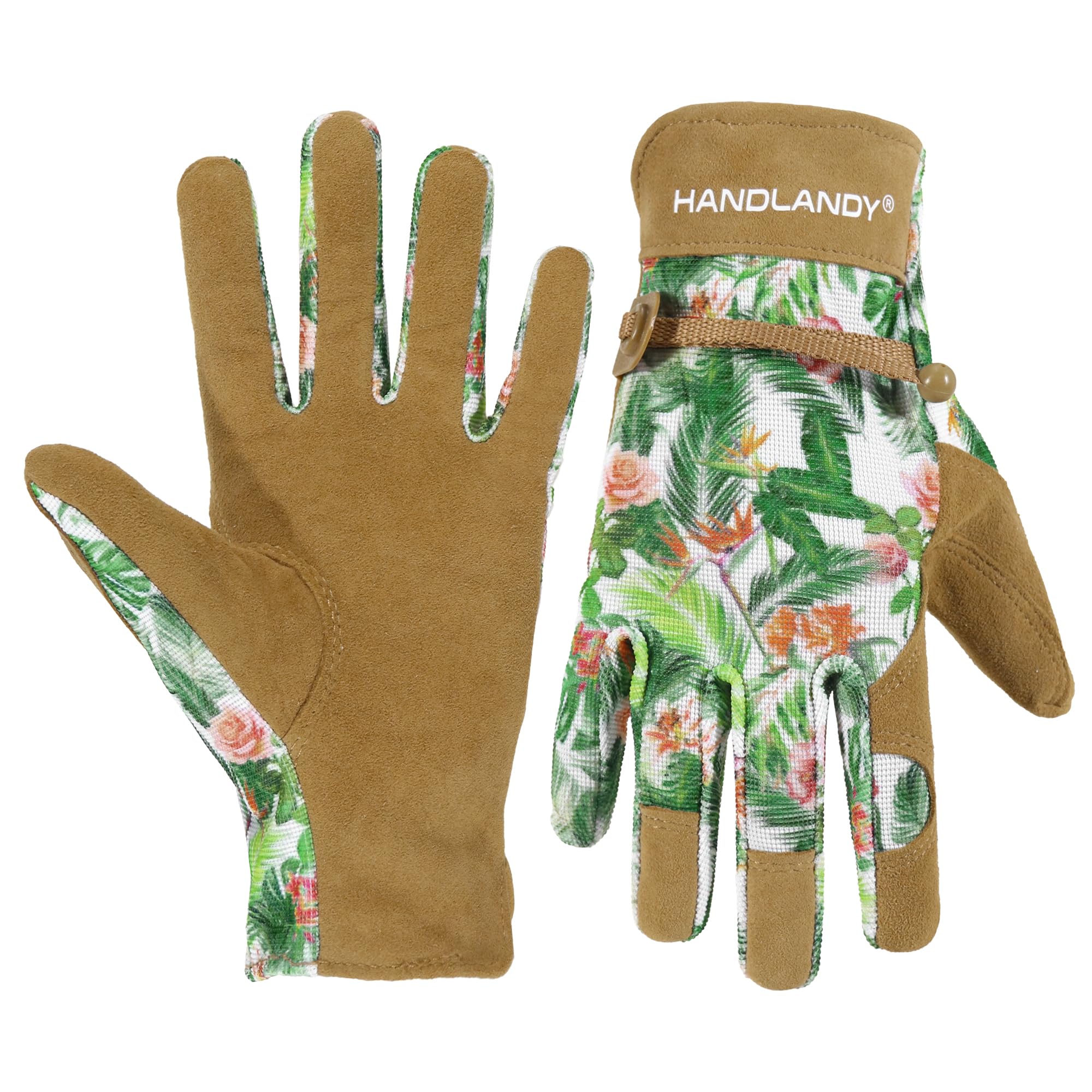 HANDLANDY Women Gardening Gloves, Leather Safety Work Gloves Breathable Ladies Garden Yard Gloves, Best Gift for Gardeners (Khaki-Green Leaves, S) โ image 1
