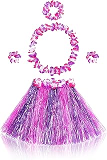 Fortuning's JDS Girl's Hawaiian Hula Grass Skirt Matching Elastic Flowers Kids Costume Set for Luau Tropical Beach Party - Buy now