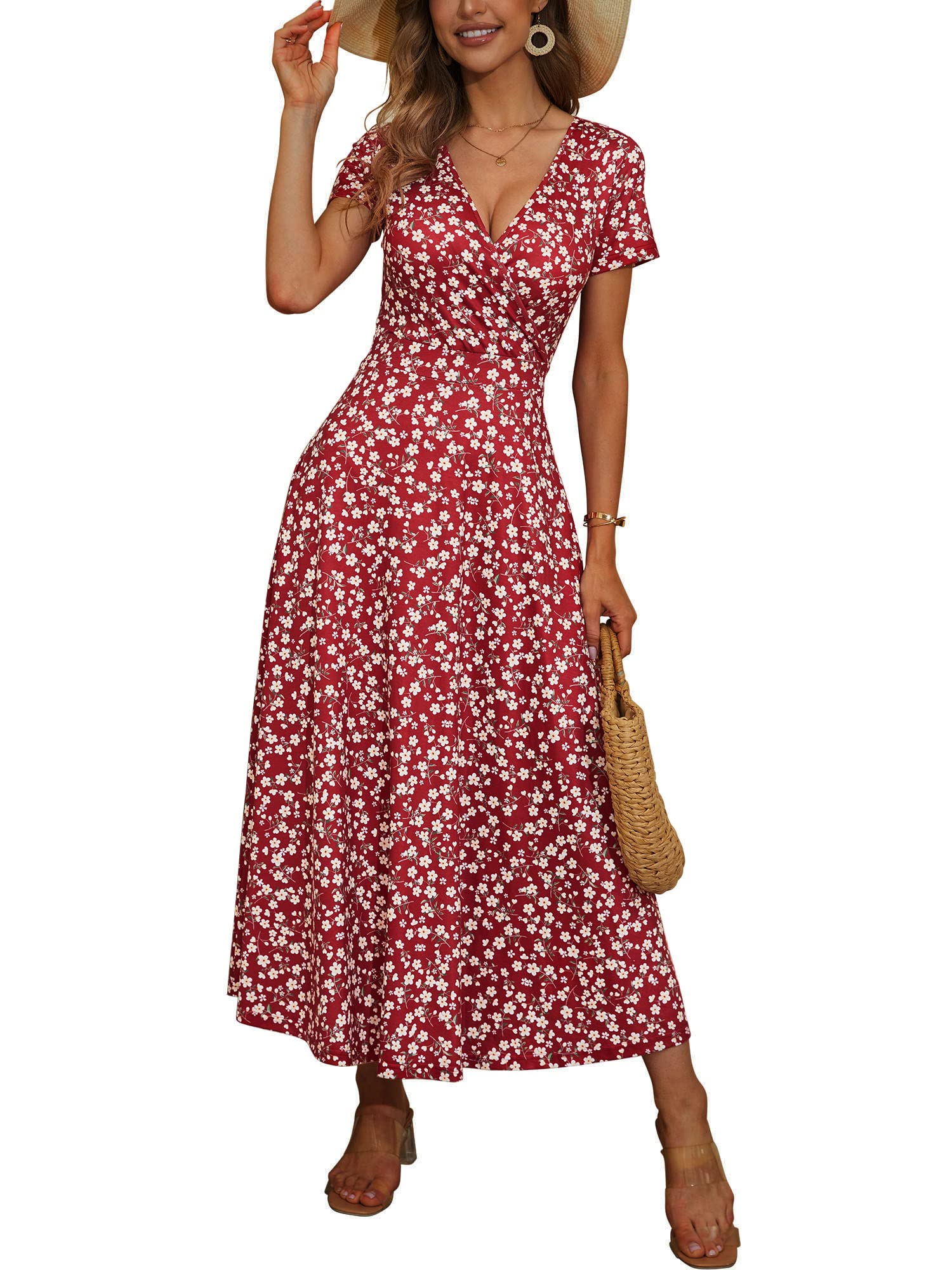 HUHOT Women's Short Sleeve Wrap V Neck Dresses for Wedding Guest Summer Floral Maxi Sundresses with Pockets Boho Dress