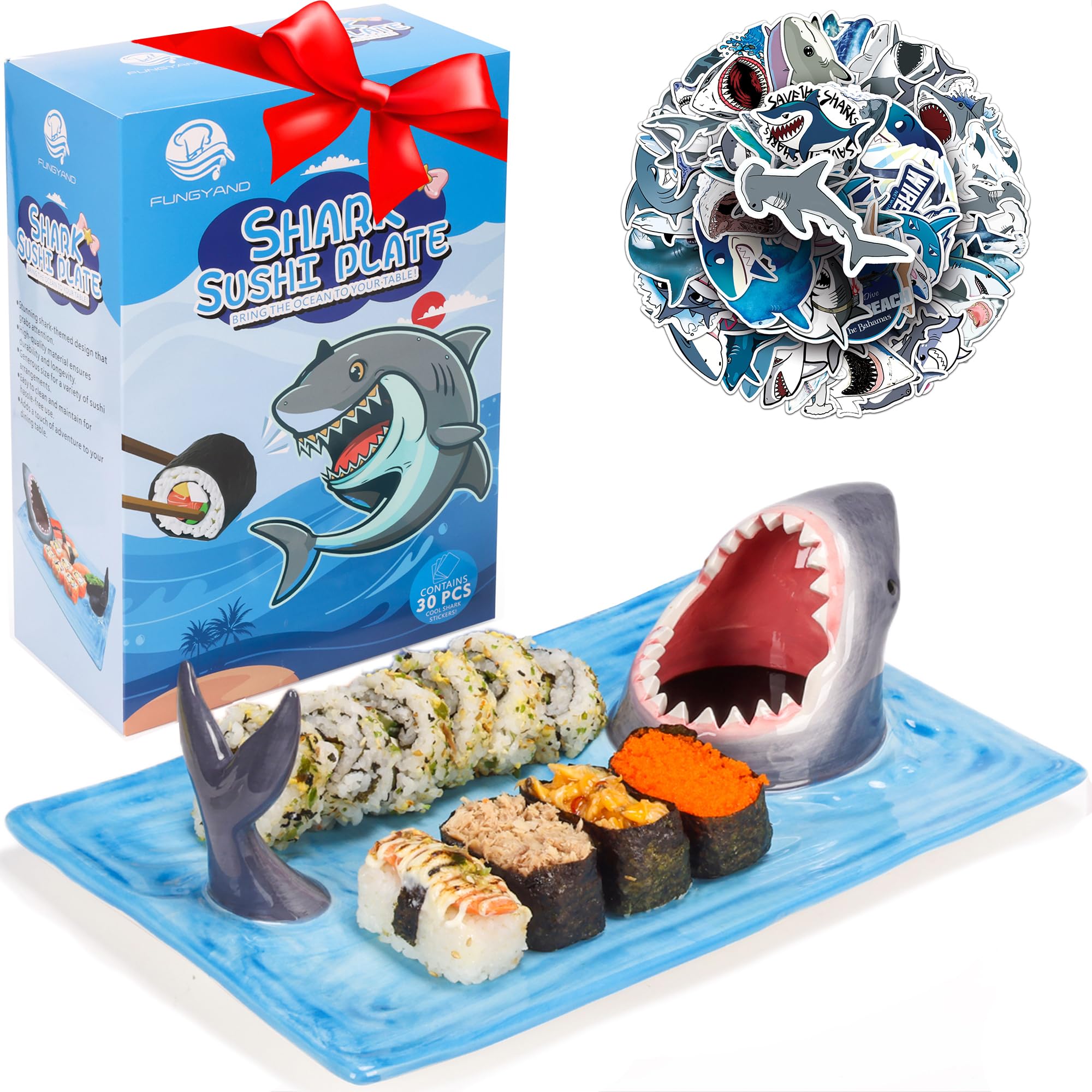 FUNGYAND Shark Sushi Plate – Hand-Painted Ceramic, Lead-Free & Food-Safe, 3-in-1 Multi-Functional Design, Includes 40 Shark Sticks, Microwave/Oven/Freezer/Dishwasher Safe – Ideal for Sushi Lovers