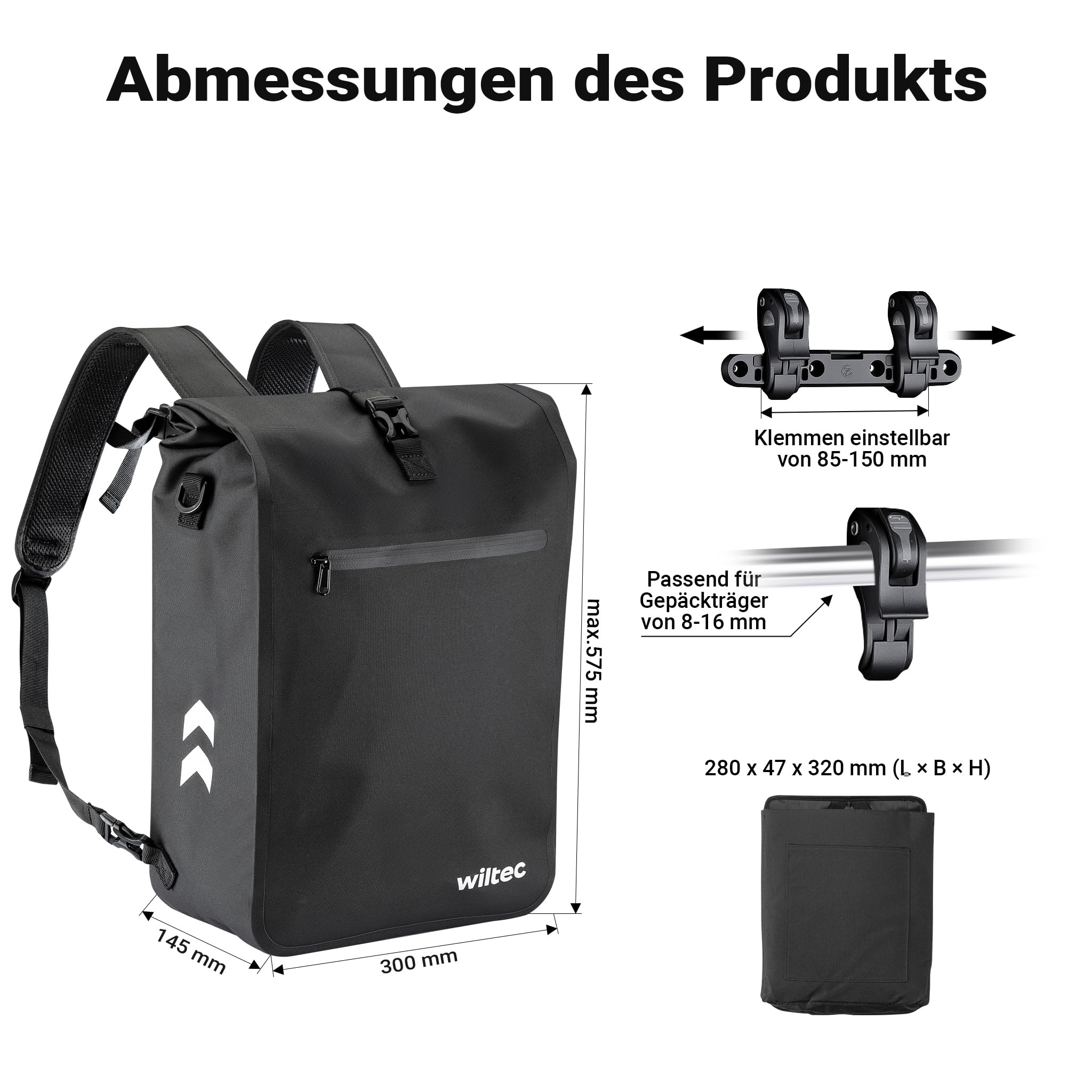 Wiltec Gepäckträgertasche schwarz, Fahrradtasche Rucksack 25 l Stauraum, Gepäcktasche mit Laptopfach, wasserresistente Fahrrad Tasche