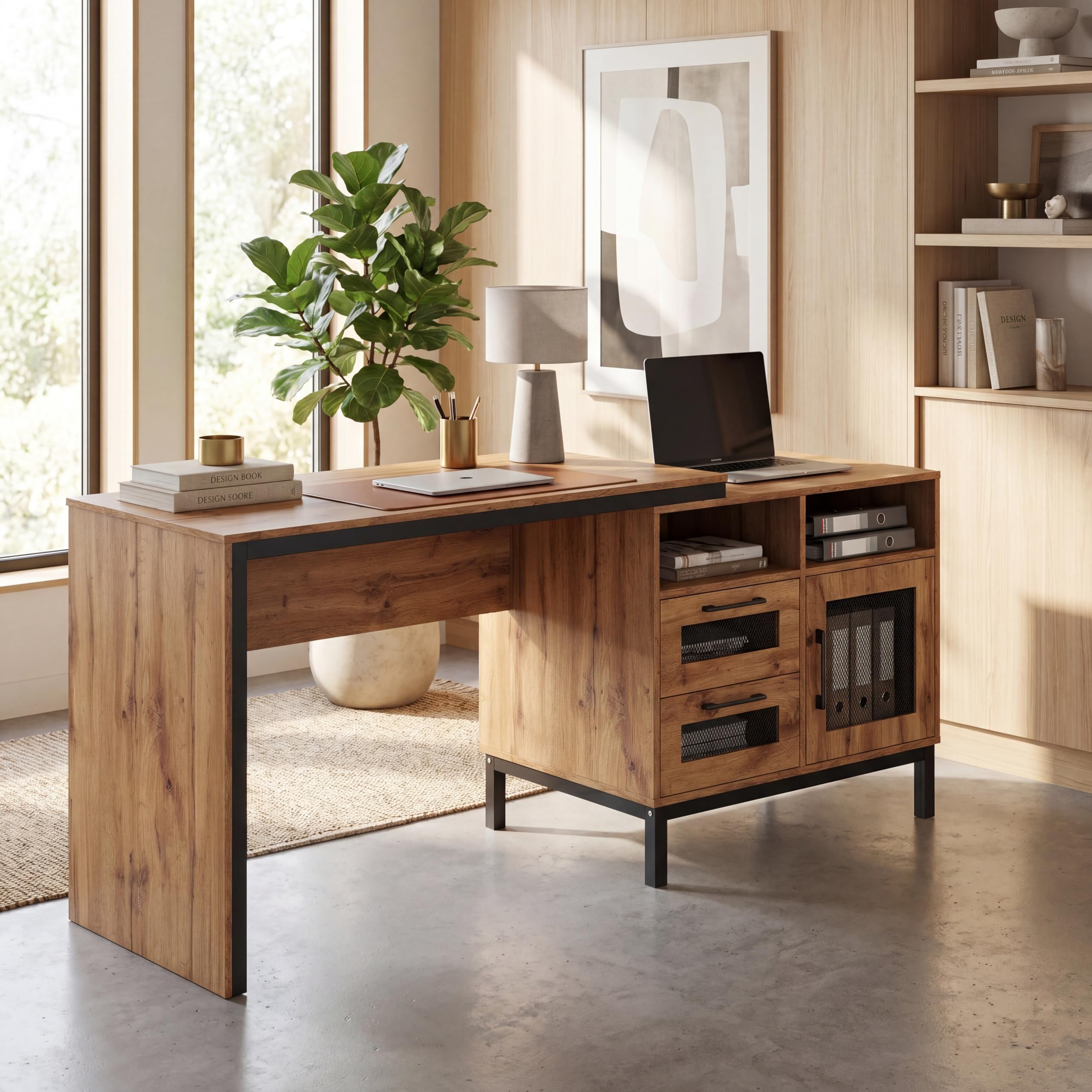 Giantex Escritorio de Ordenador con Cubos de Almacenamiento y Cajones | 2 Cajones, 2 Compartimentos Abiertos y Armario, Mesa de Oficina para Hogar, Estudio, 181 × 60 × 76 cm