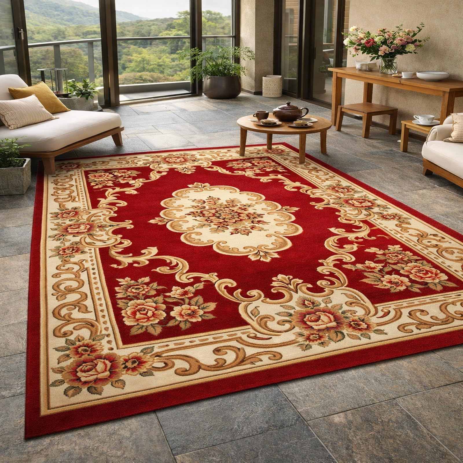 Tapis de salon rouge et beige aux finitions soignées et motifs vintage imprimés de caractère