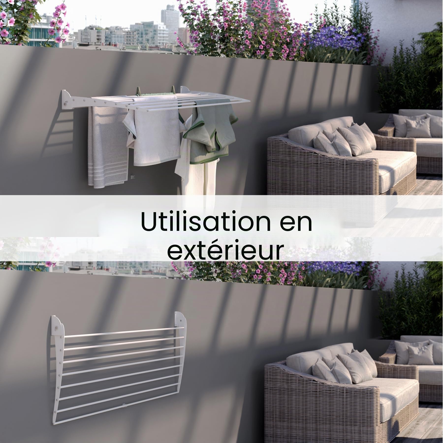 foxydry Fold, étendoir à Linge Mural, Rabattable Gain de Place, 82 cm | en aluminium et acier inoxydable, rabattable vers le bas, antirouille, pour terrasse et balcon, supporte 10 kg, blanc