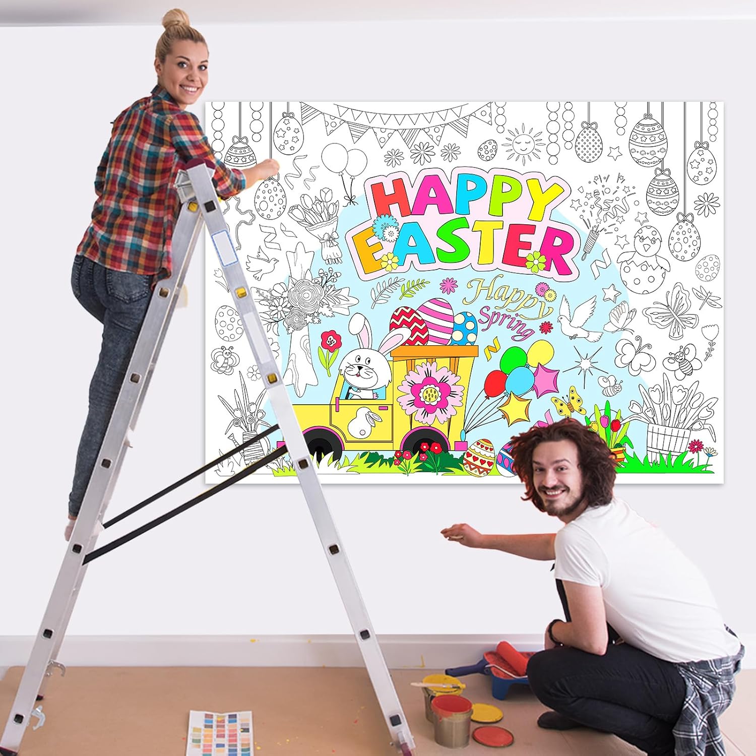 Easter Coloring Poster for Happy Easter Day Giant Coloring Poster Large Coloring Tablecloth Huge Table Cover for Home Party Supplies Favor 31.4 x 43.3 Inch