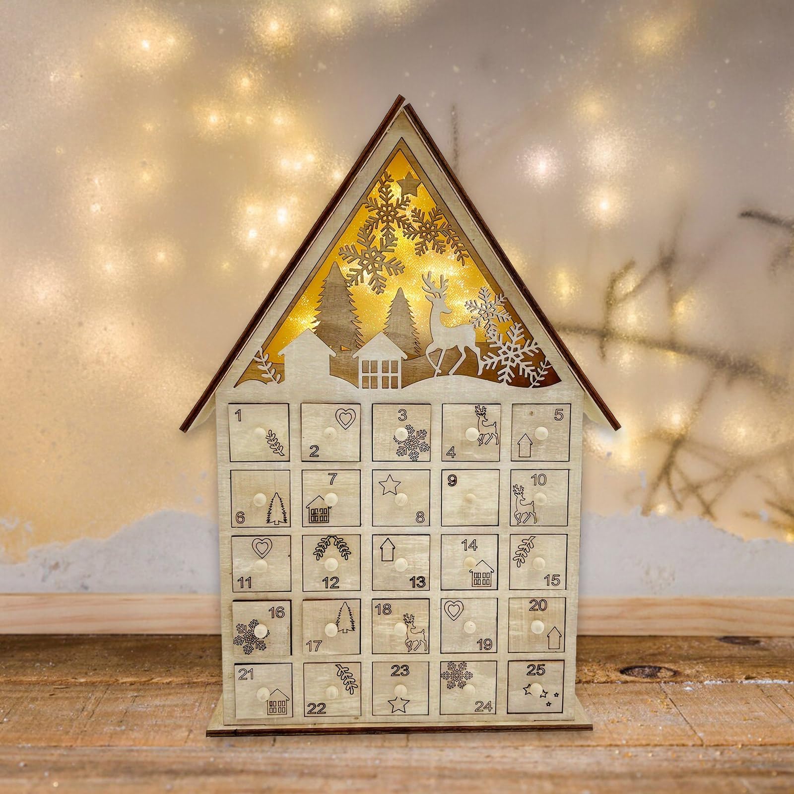 Festival Adventskalender Aus Geschnitztem Holz Beleuchteter Adventskalender Aus Holz Mit 24 Schubladen Und Weihnachtsbaum Rentier Dekorationen Einzigartige Weihnachten