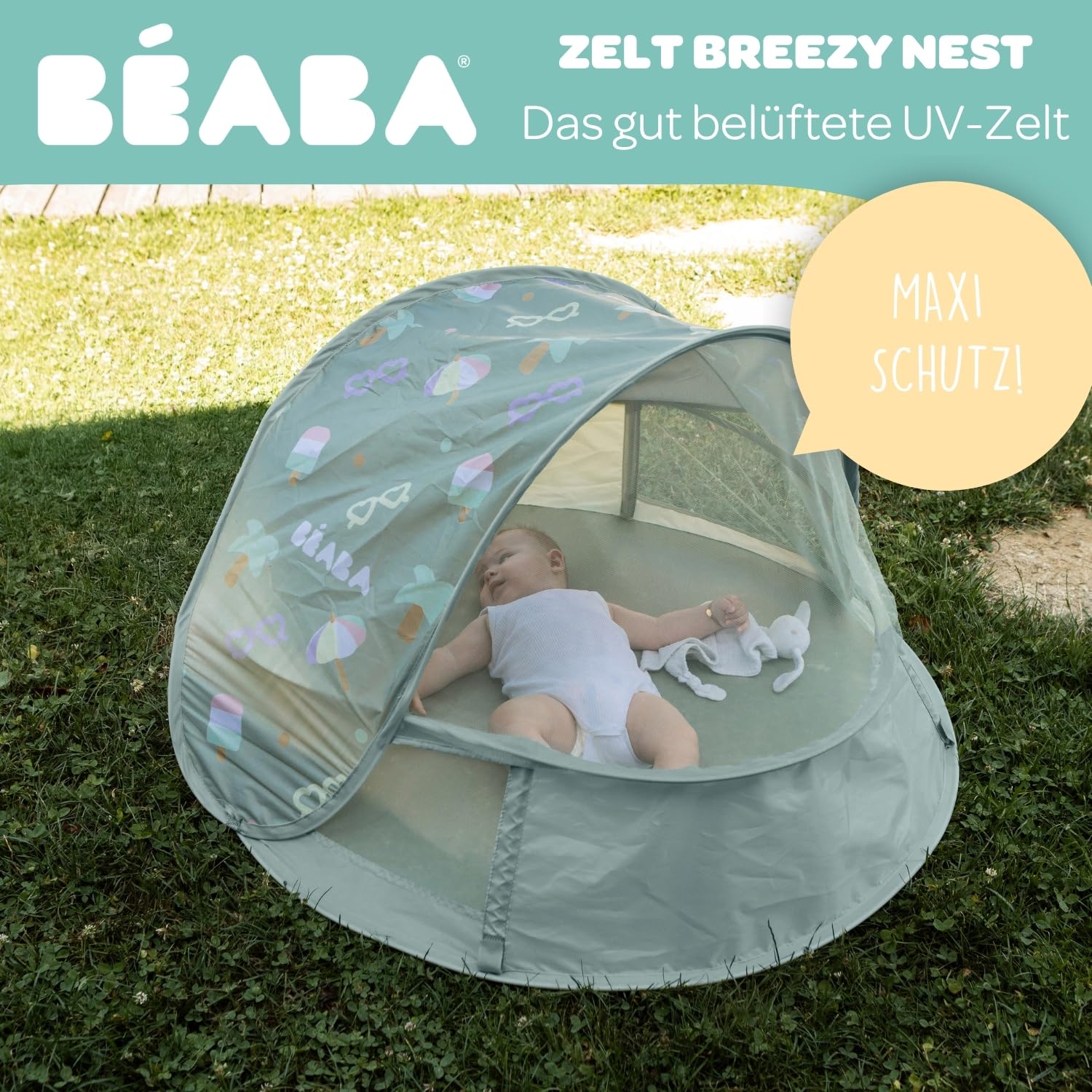 BÉABA, Strandzelt Für Kinder 2 In 1, 0-24 Monate, Maximaler Sonnenschutz UPF50+, UV-Filter, 360° Belüftung, Mückennetz, Geräumig, Pop-Up System, Tragetasche, Breezynest, Khaki