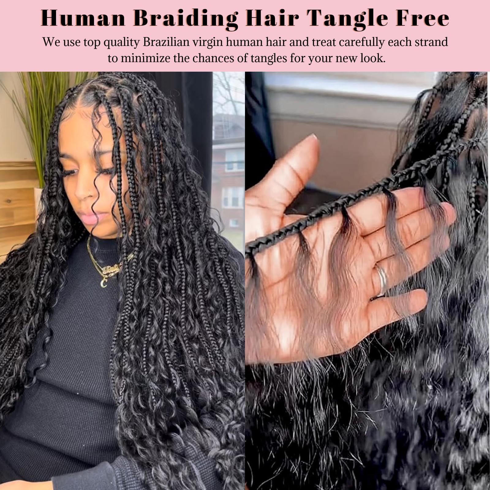 22 Inch Deep Water Wave Human Hair Extensions 100g Bulk Boho Braids Water Wave Natural Black Bulk Hair Extensions for Boho  main image 2