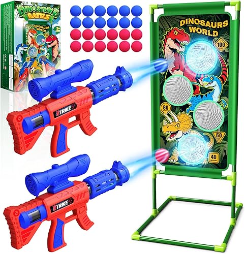 Juguetes de juego de disparos de dinosaurios, 2 lanzadores de bomba de aire con diversión para apuntar, 3 temas de dinosaurios y 4 puntos de