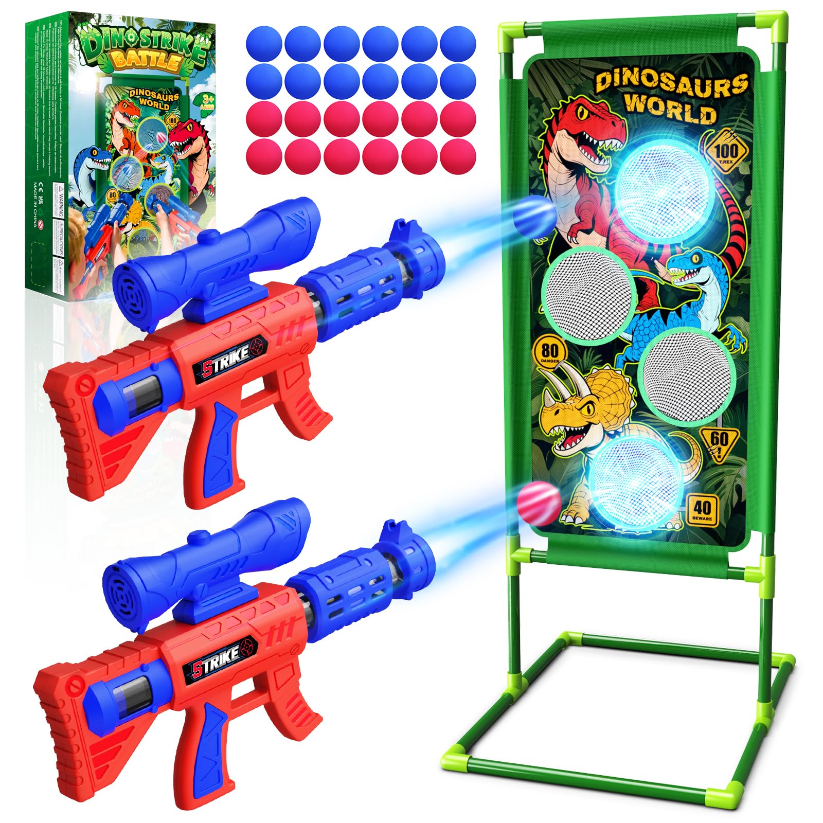 Giochi di Tiro al Bersaglio,Dinosauro Giocattolo per Bambini Gioco Regalo Giocattoli Regali Bambino Bambini Bimbo 3 4 5 6 7 9 10 11 12 Anni 2 Air Blaster con Mira, 4 Bersagli e 24 Palline di Schiuma