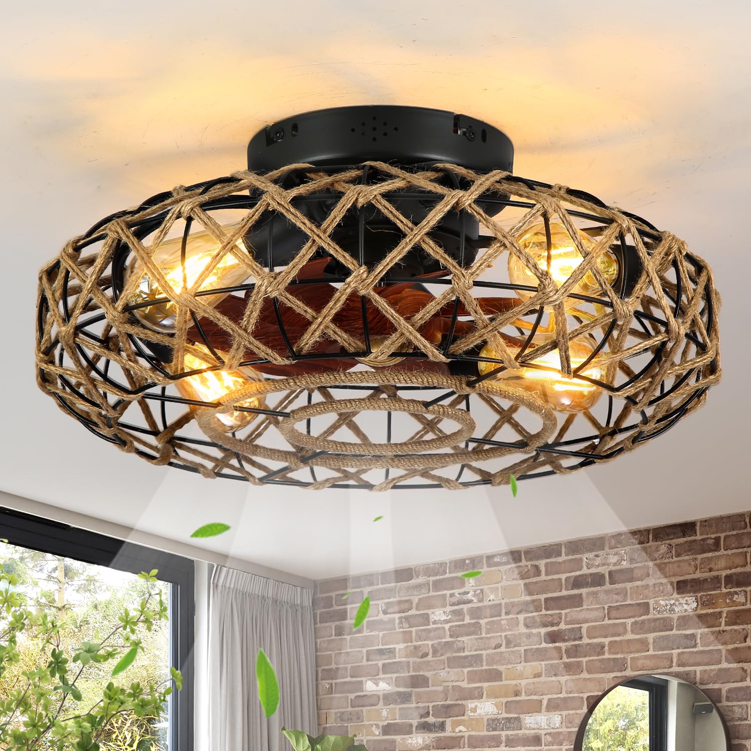 MeZeYo 20''Rustic Hemp Rope Caged Ceiling Fans with Lights and Remote Hand-Woven Rattan Flush Mount Ceiling Fan with Light Farmhouse Boho Include Bulbs 6 Speeds Reversible for Bedroom,Kitchen Island