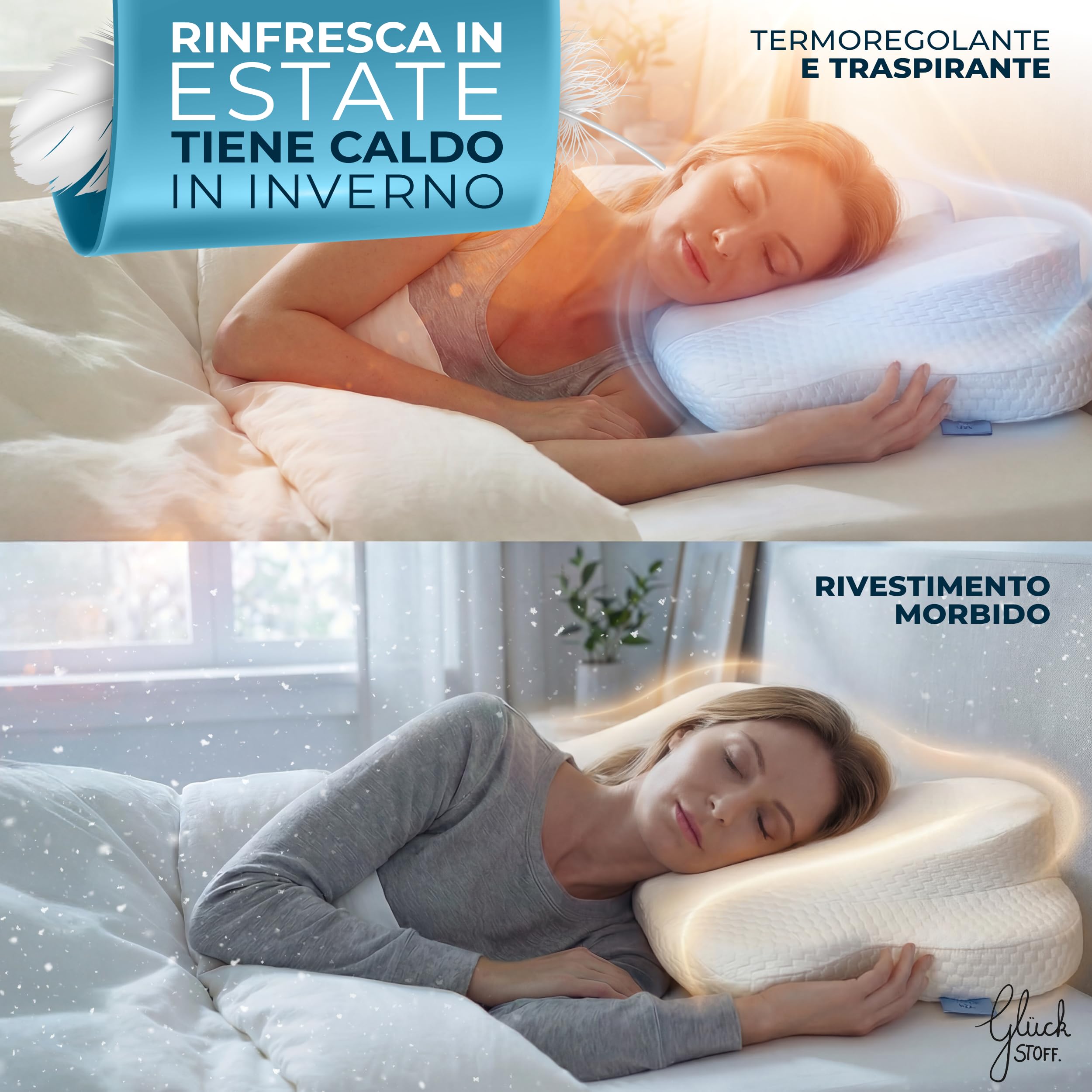 Glückstoff® Cuscino Ergonomico [Nominato al Premio Innovazione Ergonomia] Cuscino Memory Foam | Cuscino Cervicale Ergonomico Rullo Cervicale Cuscino per Dormire su un Fianco Bianco