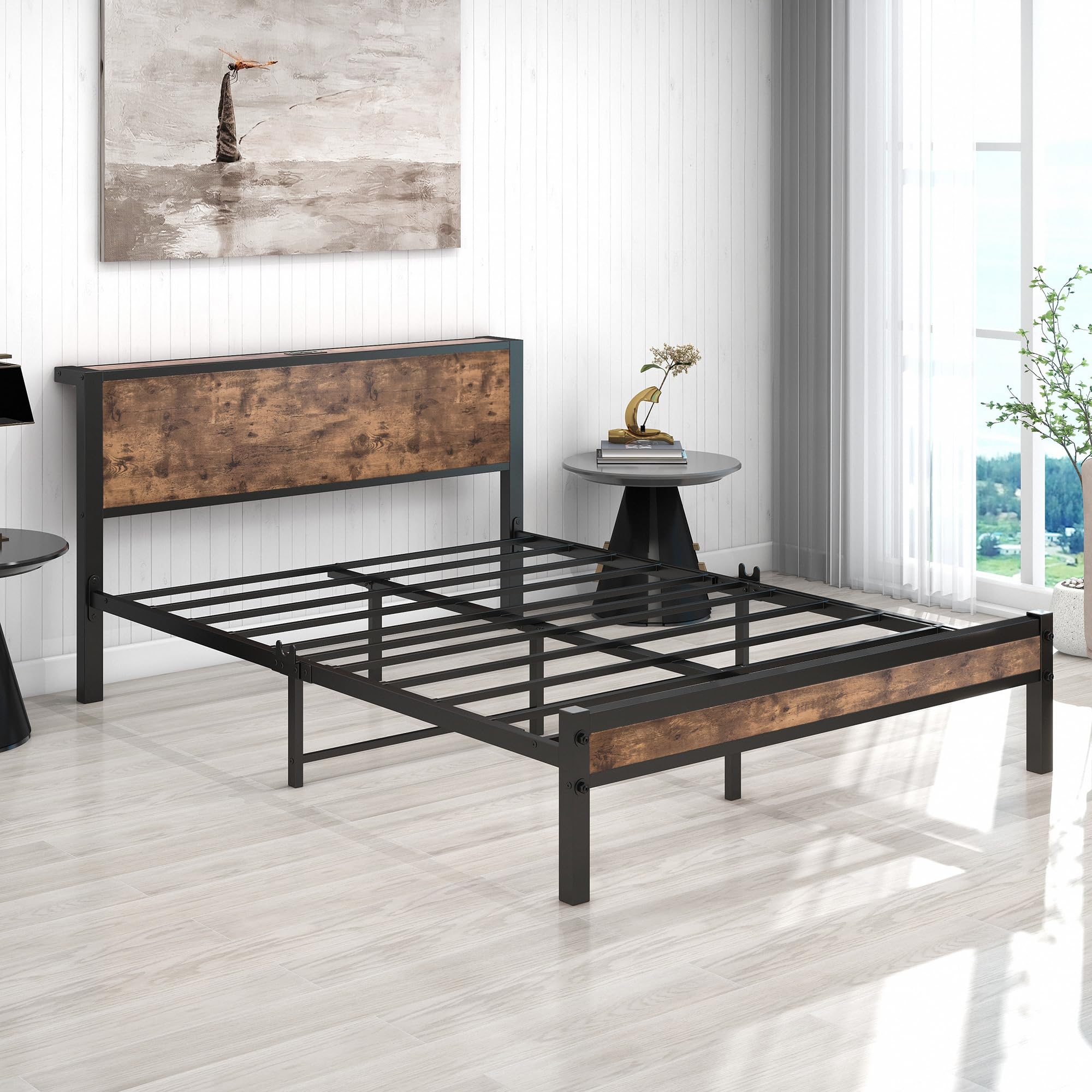 DUMEE Metal Queen Bed Frame with Wood Storage Headboard with USB Ports