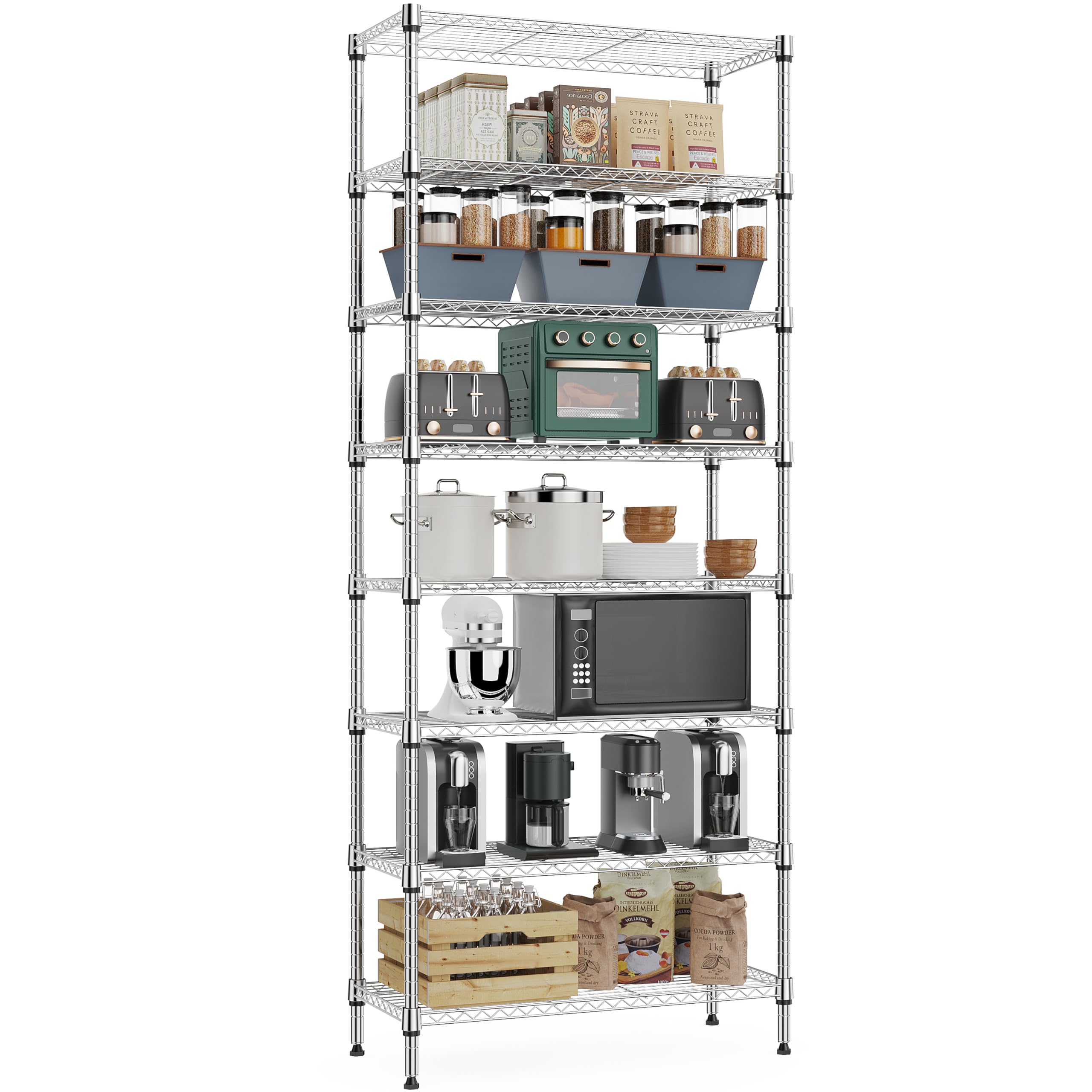M MZG 8 Tier 2000 lbs Storage Rack Metal Wire Shelving Unit, Storage Standing Shelf Organizer for Laundry Bathroom Kitchen Pantry Closet Garage Utility Room, Chrome 13.8" D x 23.6" W x 79.5" H