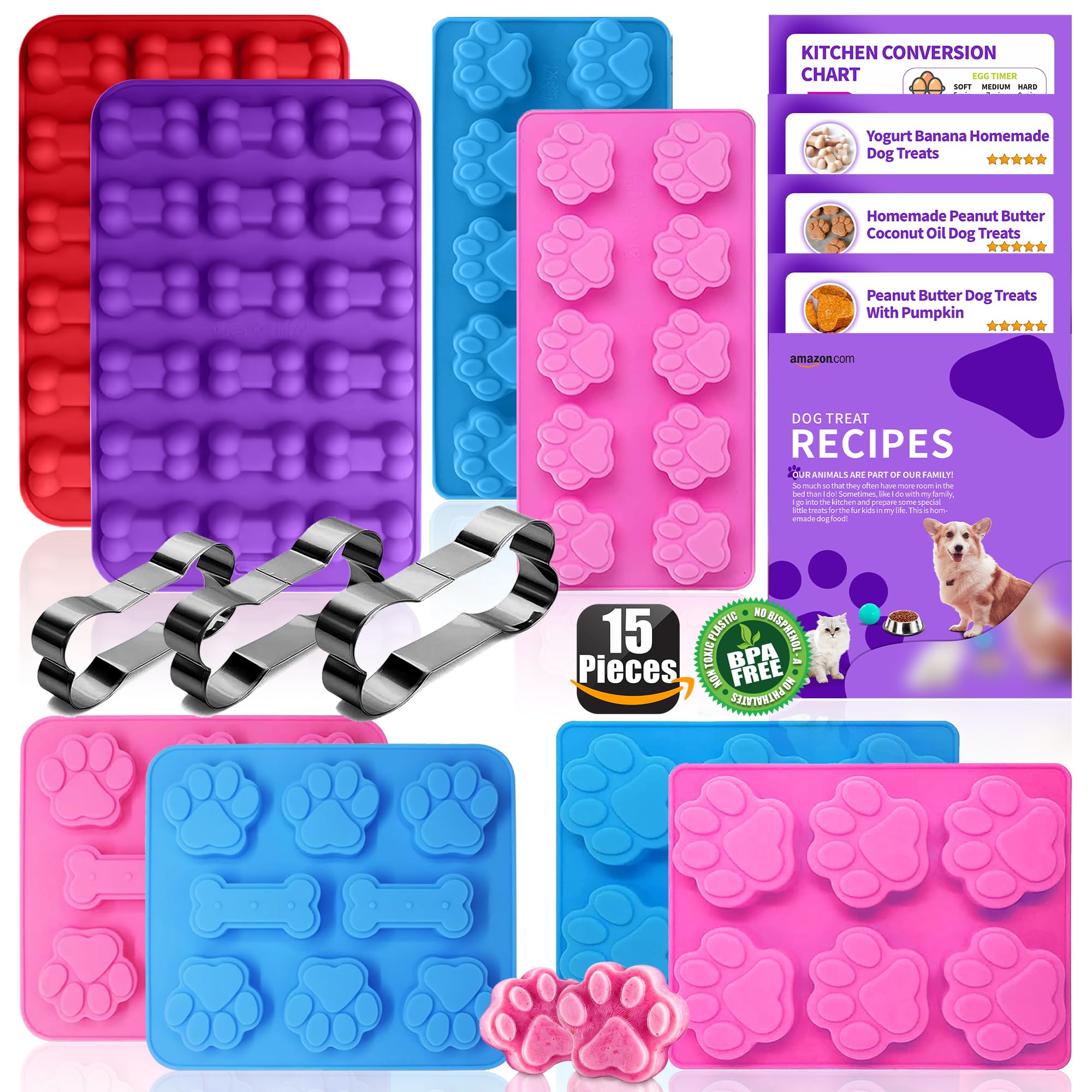 Moldes de silicona caseros para golosinas para perros, cortadores de galletas para perros, moldes de silicona de grado alimenticio para dulces y cubitos de hielo para perros, juego de 15