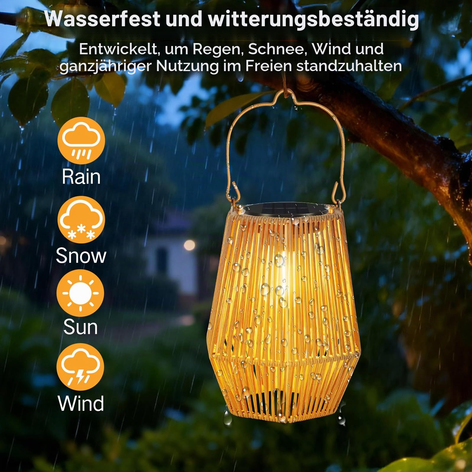 2er Set Solarlaternen für Außen, Rattan Hängend/Stehend mit LED, wasserdicht, Automatisches Ein-/Ausschalten, Handgefertigt, dekorativ für Garten, Terrasse, Veranda, Balkon & Tisch