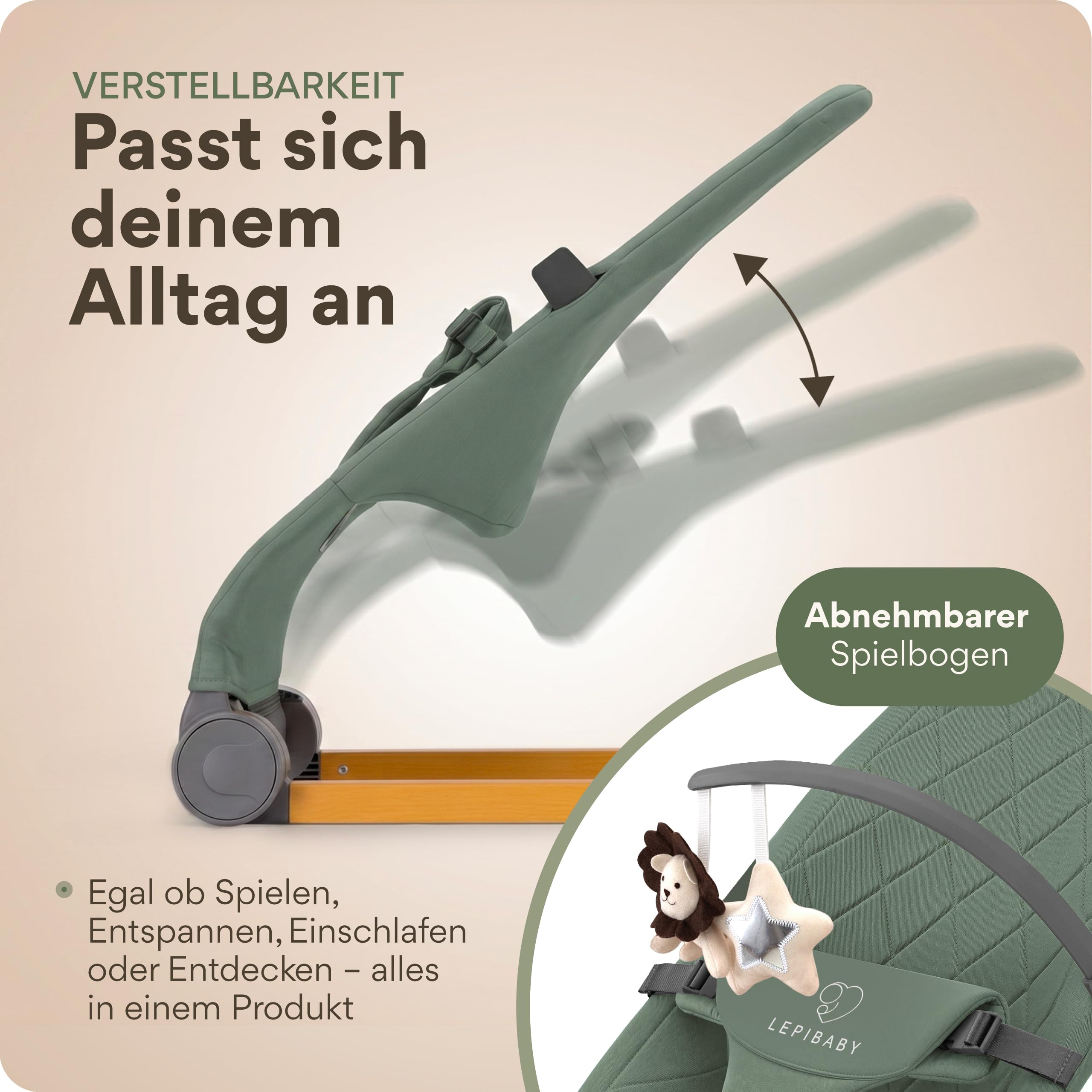 Babywippe Neugeborene, 0 bis 12 Monate, Baby Wippe, Baby Bouncer | Faltbarer Baby Rocker, Babyschaukel mit Spielbogen, Verstellbare Babywiege, Baby Schaukel leicht waschbar, SamiBu Grün