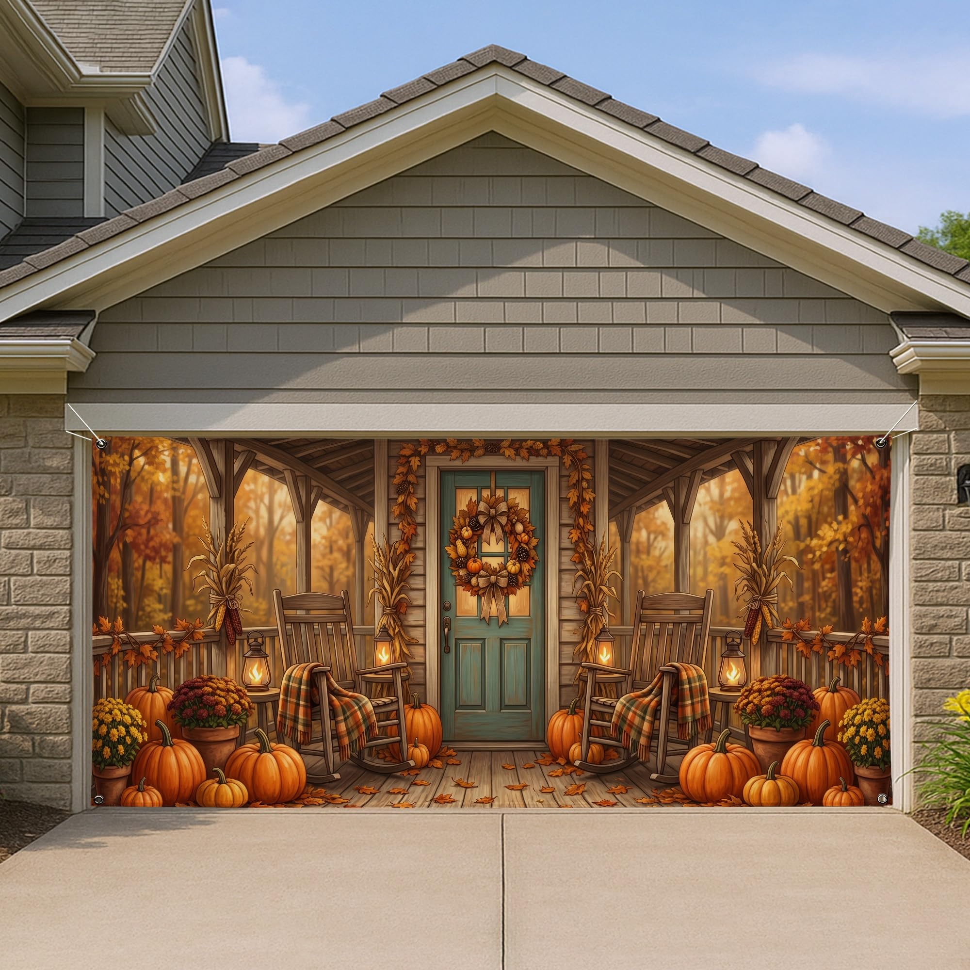 Decoración de puerta de garaje con diseño de calabaza rústica de 157 x 71 para patio y porche