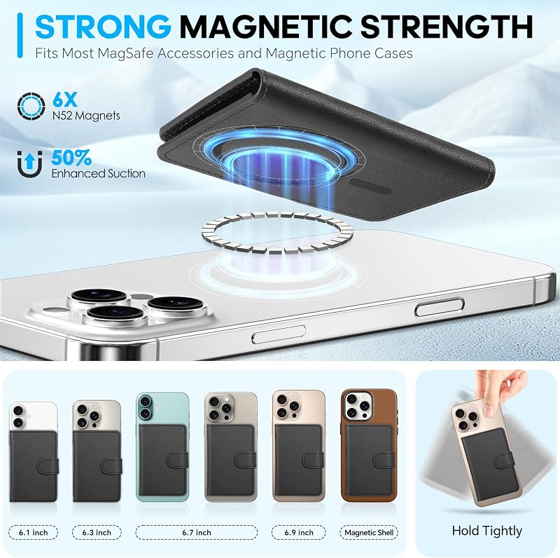 Husă portofel magnetică SHIELDON din piele naturală, cu suport de card detașabil și protecție RFID pentru iPhone 17 16 15 14 13 12, negru