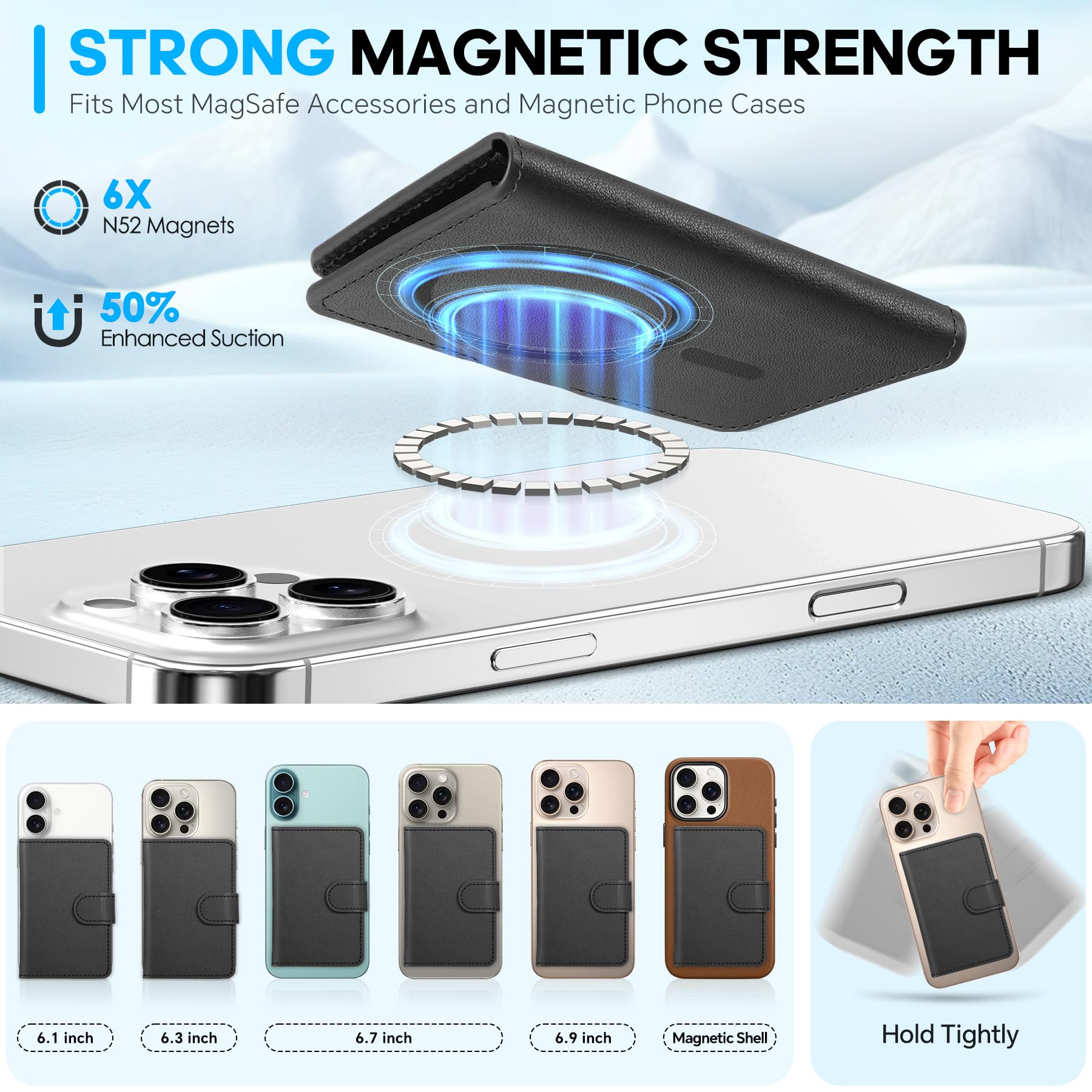 SHIELDON Porta Carte Adesivo Portafoglio Magnetico in Vera Pelle [Blocco RFID] [Slot per Carte] Porta-Carte Adesivi, Portafoglio Leather Phone Wallet per iPhone 16/15/14/13/12 – Nera