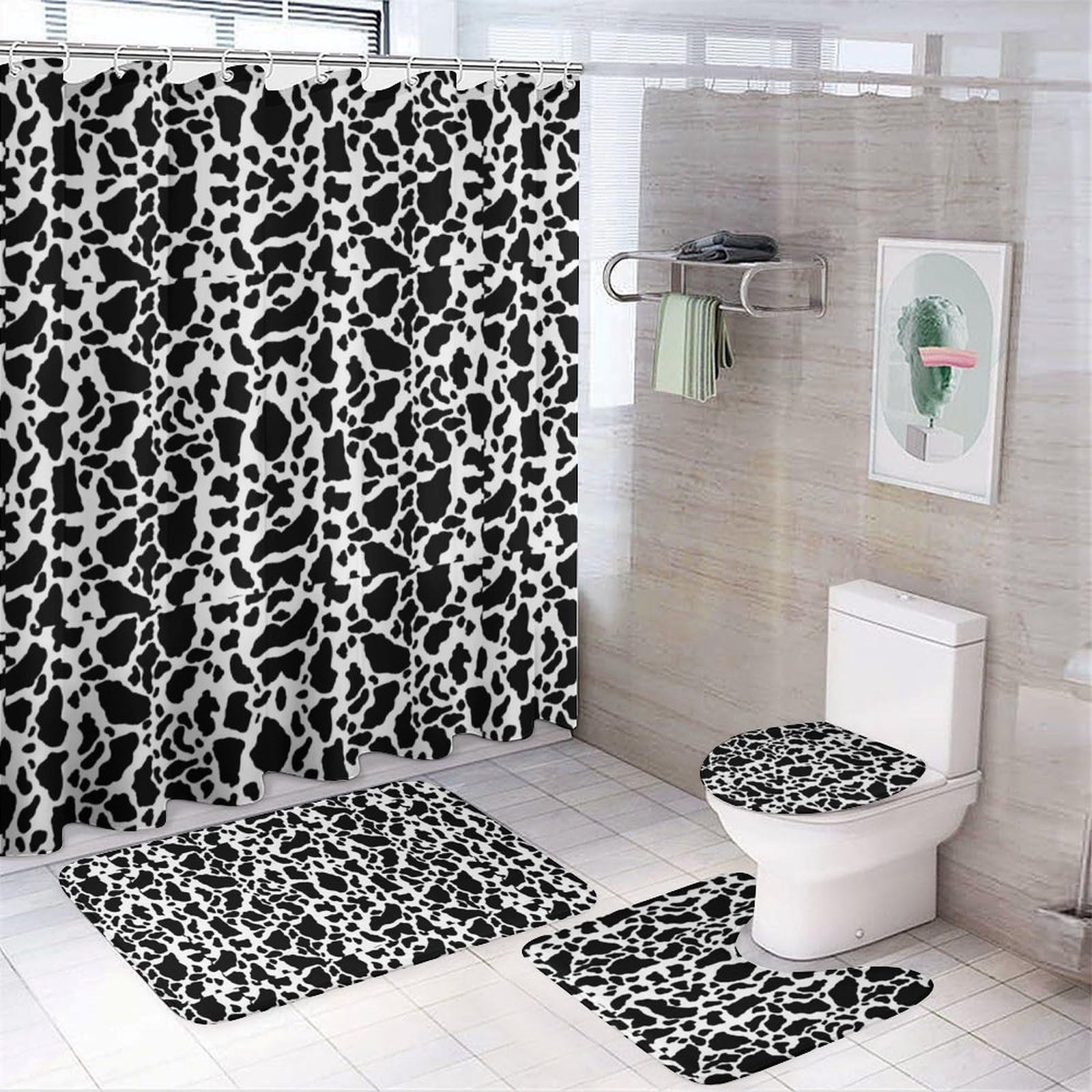 Wlntrophic Bathroom Mat Set 4 Piece, Cow Print Shower Curtain with Non-Slip Bath Mats for Bathroom