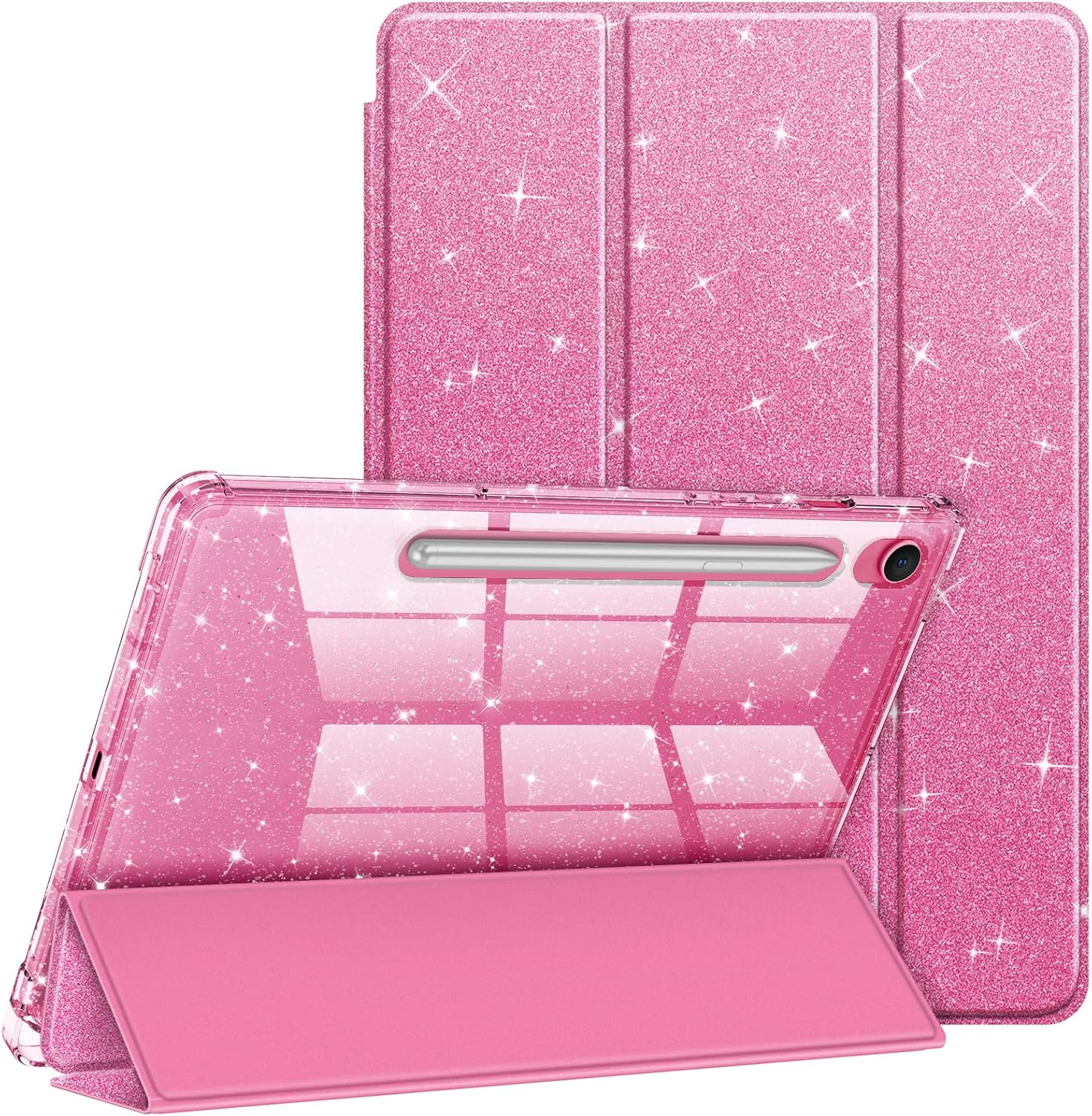 FINTIE Slim Case for Samsung Galaxy Tab S10 Lite/ S10 FE/ S9 FE 5G 10.9 Inch/Tab S9 11 Inch with S Pen Holder, Glittering Sparkly Shockproof Cover with Shiny Clear Back Shell, Auto Wake/Sleep, Pink