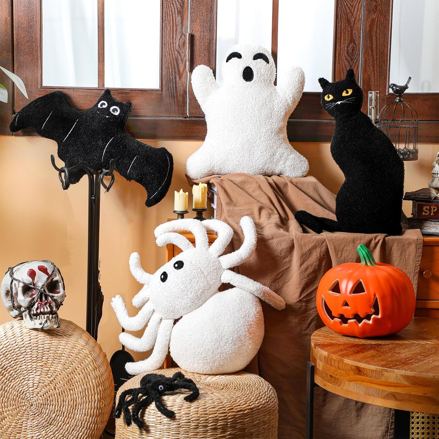 4 Pcs Halloween Plush Pillows Decorative Large Ghost Bat Spider Cat Shape Throw Pillow Soft Stuffed Fluffy Soft Plush Cushion for Halloween Decorations Indoor for Couch Sofa Bed Office Living Room