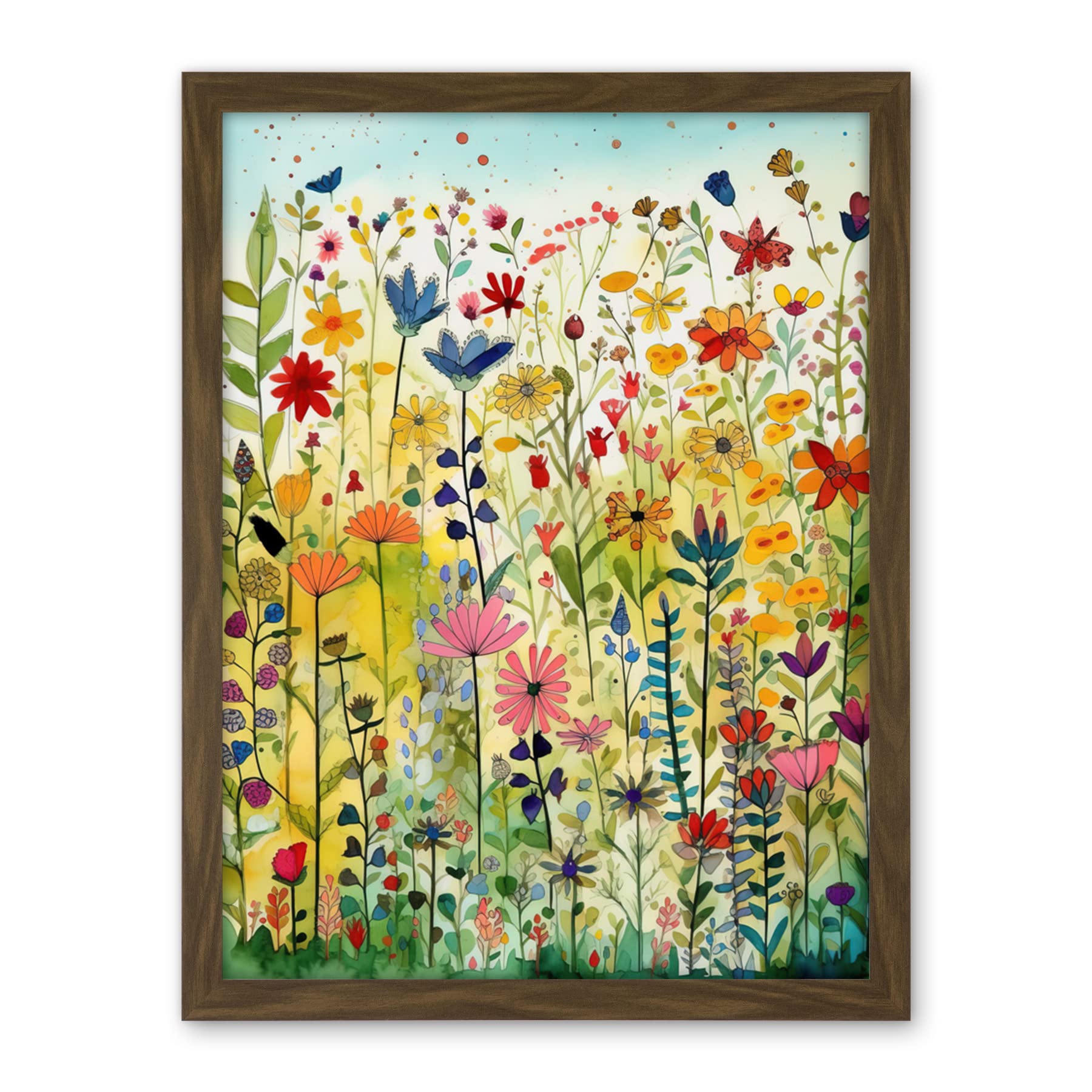 Artery8 Mixed Wildflower Bloom In Meadow Folk Art Artwork Framed Wall Art Print 18X24 Inch