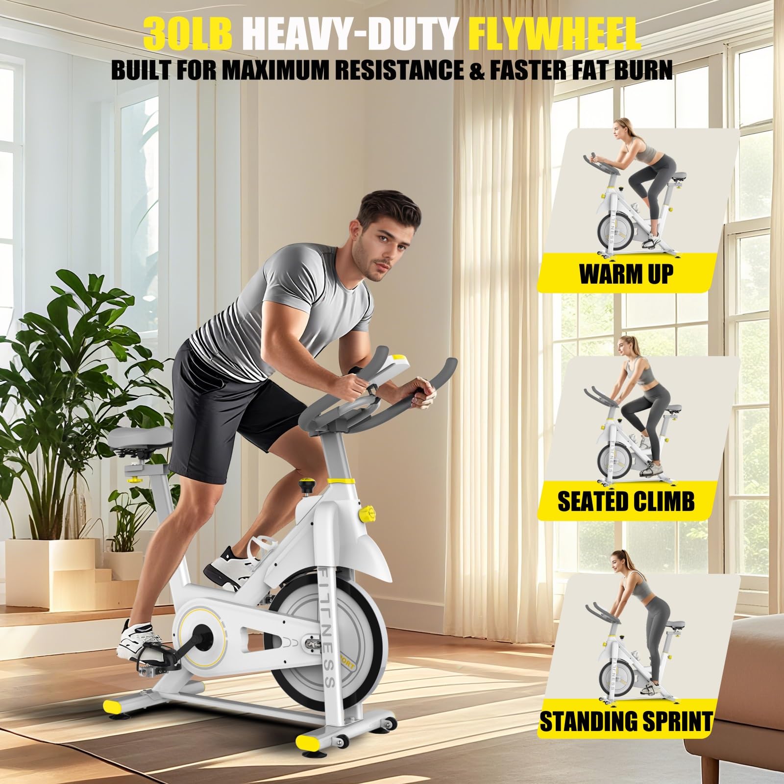 Stacjonarny rower treningowy dla użytkownika o maksymalnej wadze 150 kg z łącznością Bluetooth, monitorem LCD, kołem zamachowym o ciężarze 13,6 kg, regulowanym siedzeniem i uchwytem na tablet